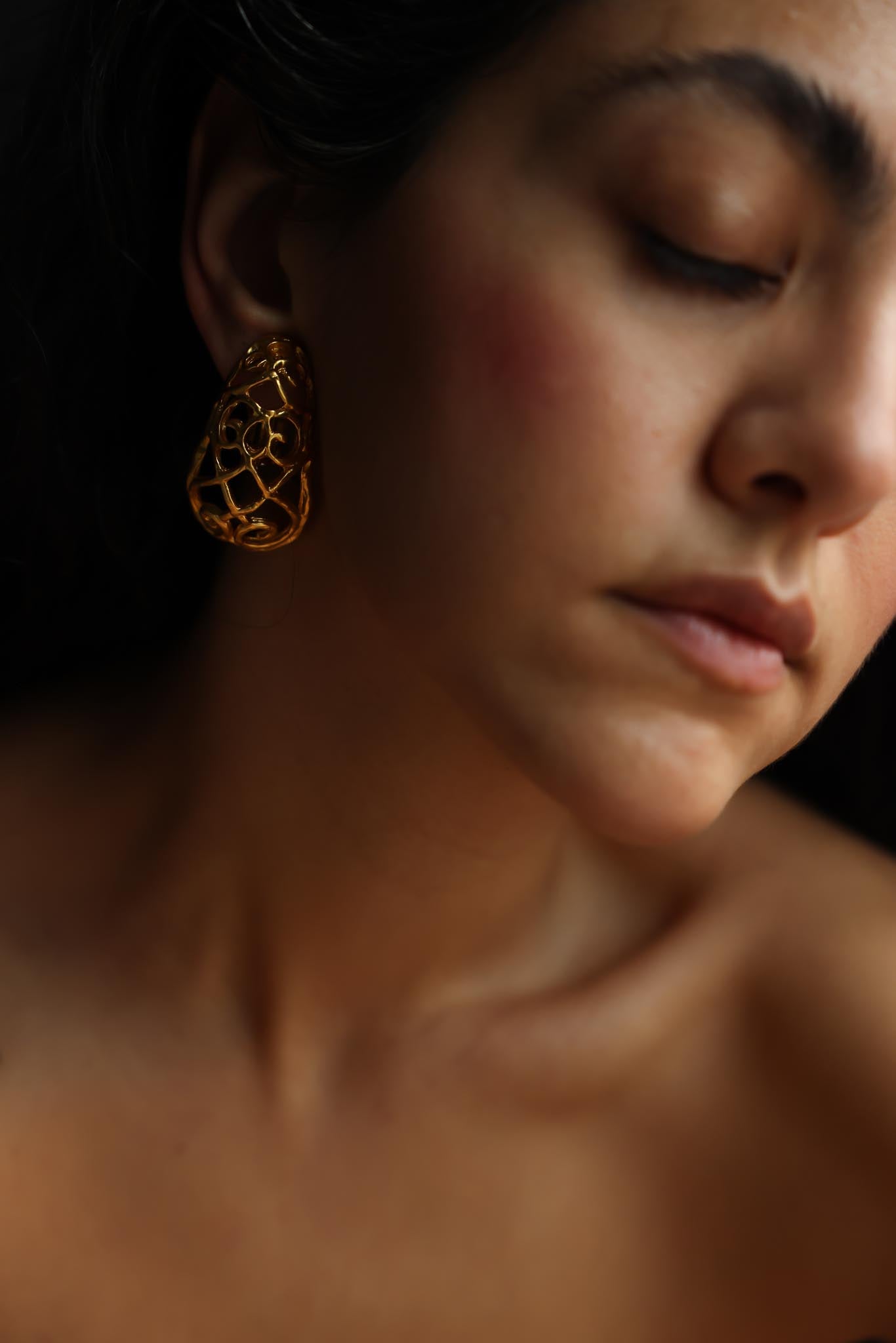 Gold Tone Openwork Statement Clip-On Earrings