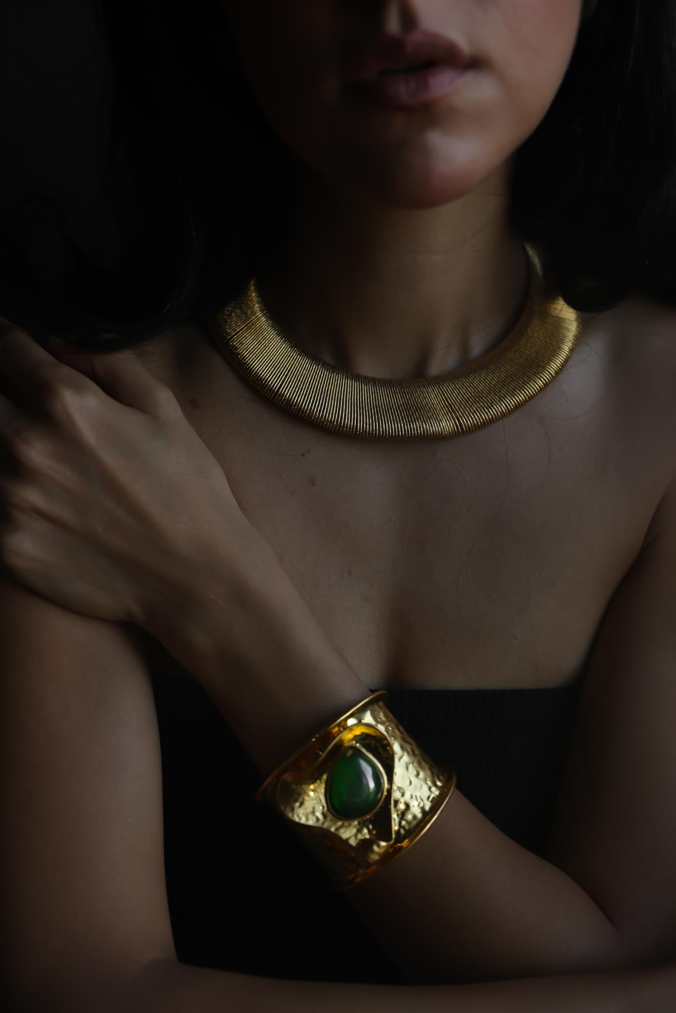 Gold Tone & Green Statement Open Cuff Bracelet (NOT VINTAGE)