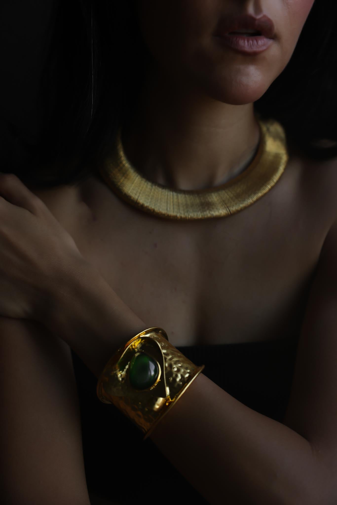 Gold Tone & Green Statement Open Cuff Bracelet (NOT VINTAGE)