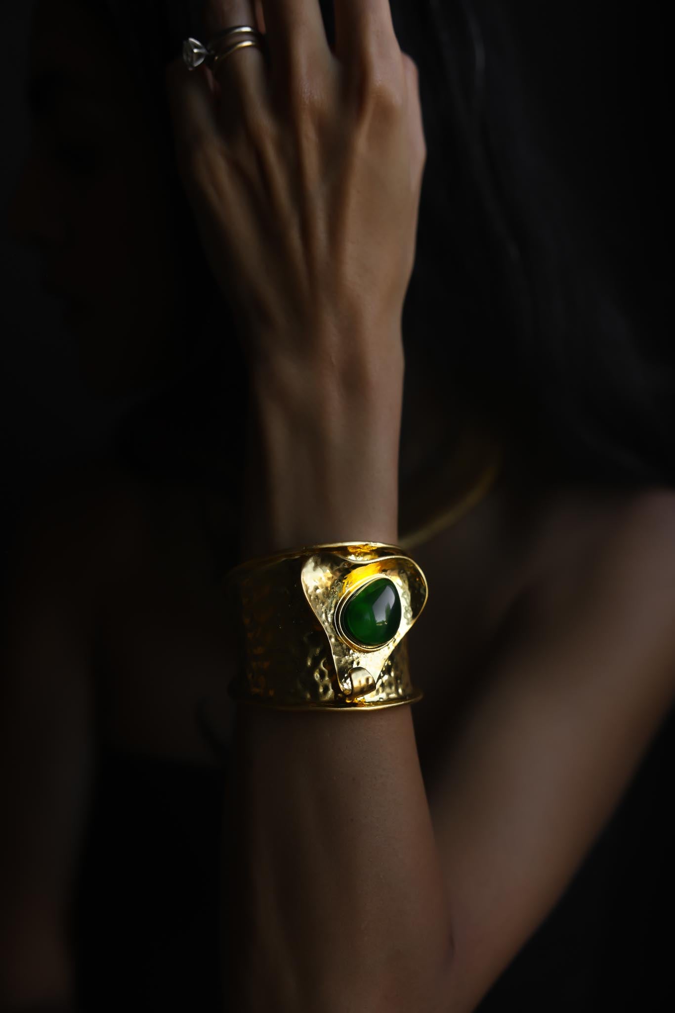 Gold Tone & Green Statement Open Cuff Bracelet (NOT VINTAGE)