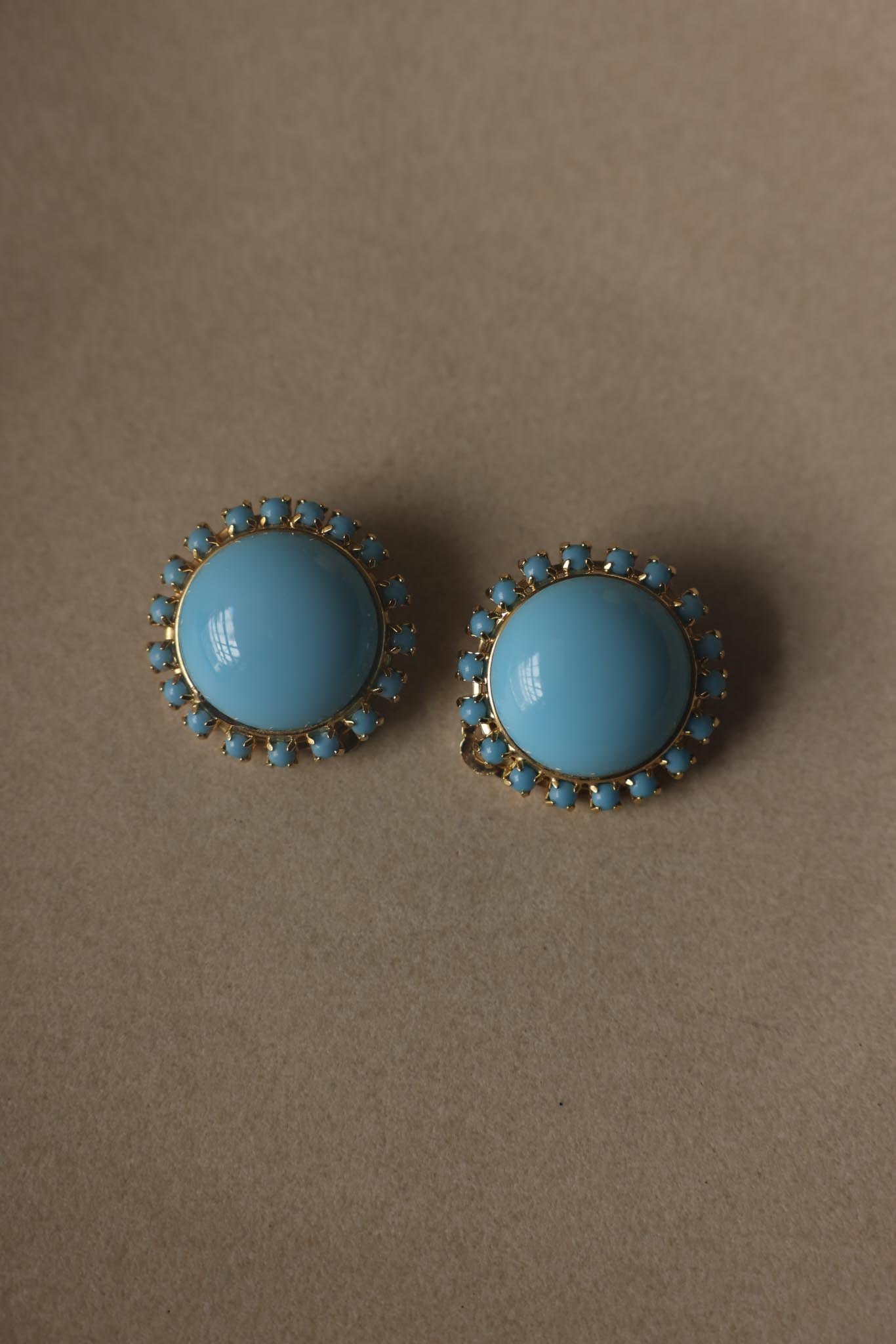Vintage Blue Cabochon Gold Tone Statement Clip-On Earrings