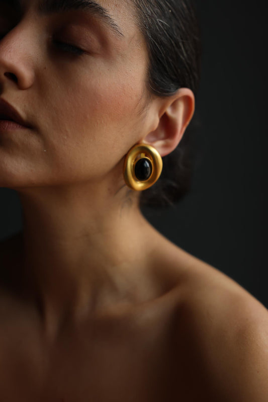 Matte Gold Black Cabochon Clip-On Earrings