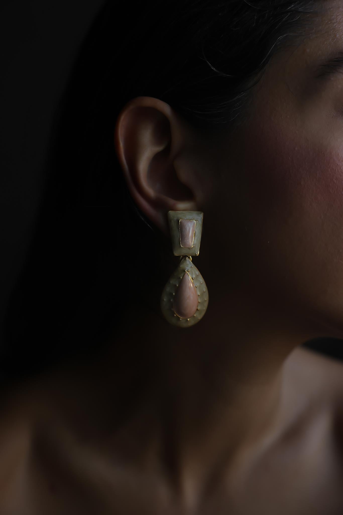Gold Tone Pink Enamel Teardrop Clip-On Earrings