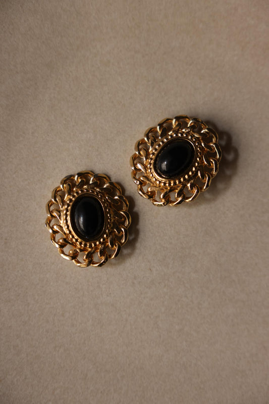 Chain Link Clip-On Earrings with Black Cabochons|Vintage Baazaar 