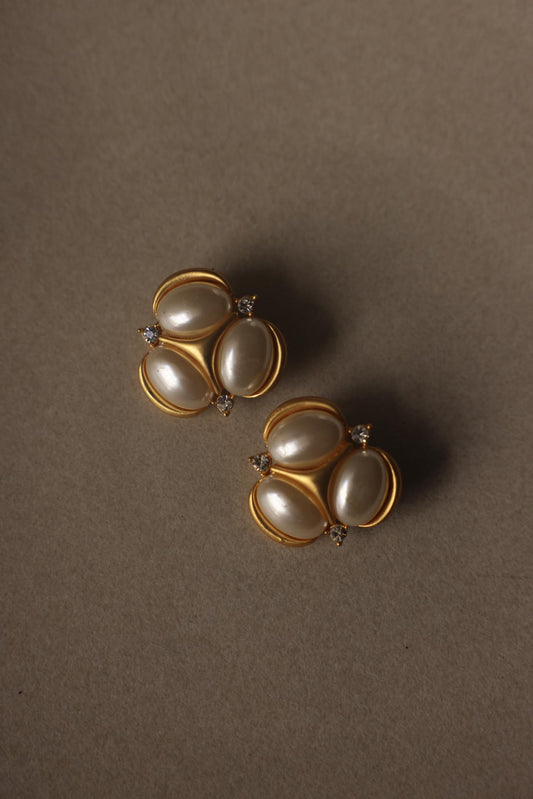 1980s Faux Pearl & Rhinestone Gold Tone Clip-On Earrings