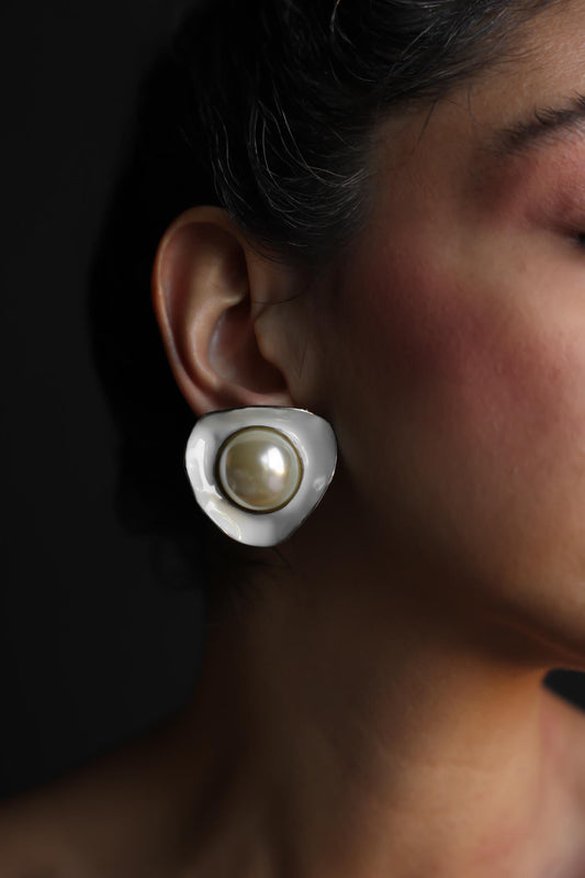 White Enamel Faux Pearl Earrings