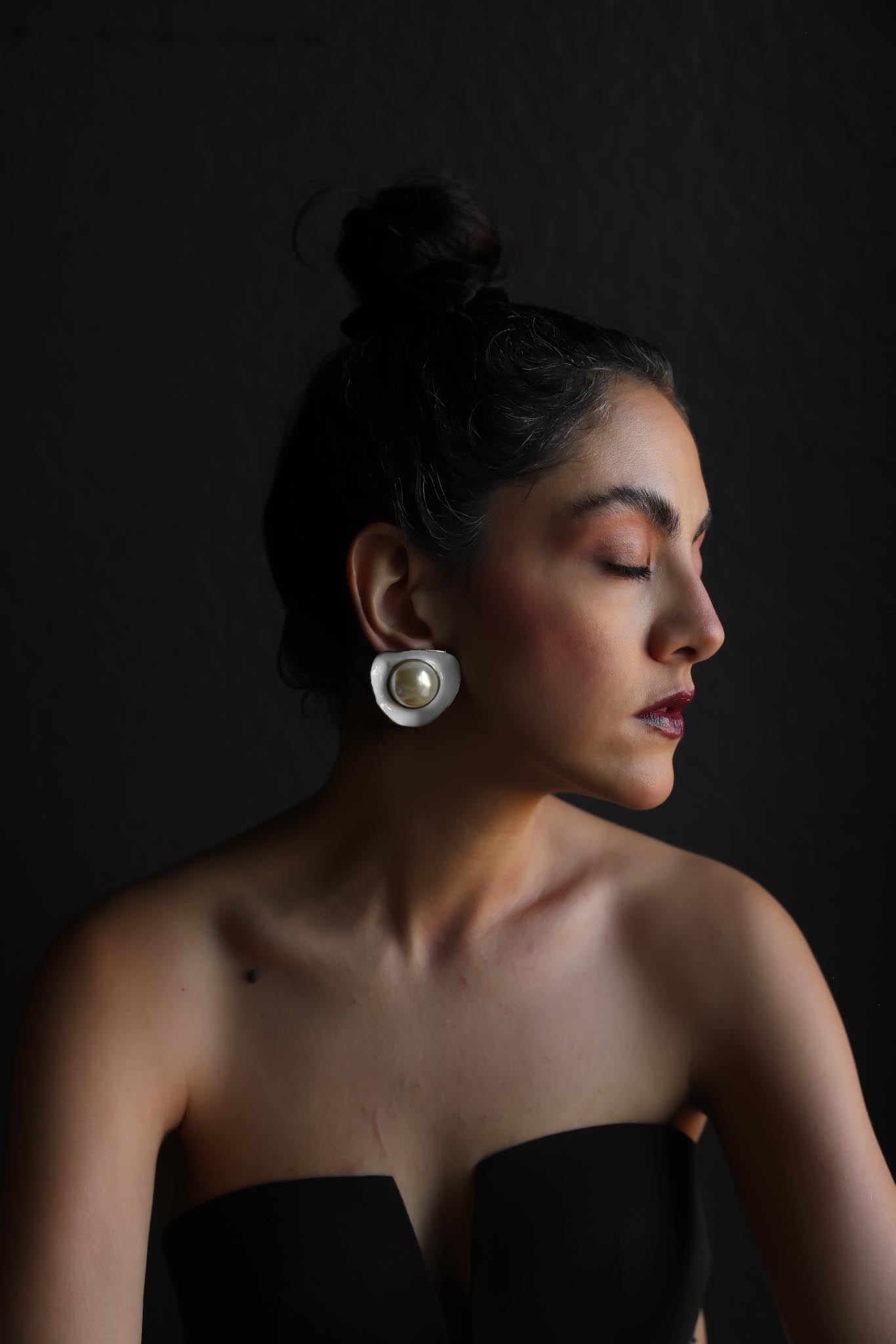 White Enamel Faux Pearl Earrings