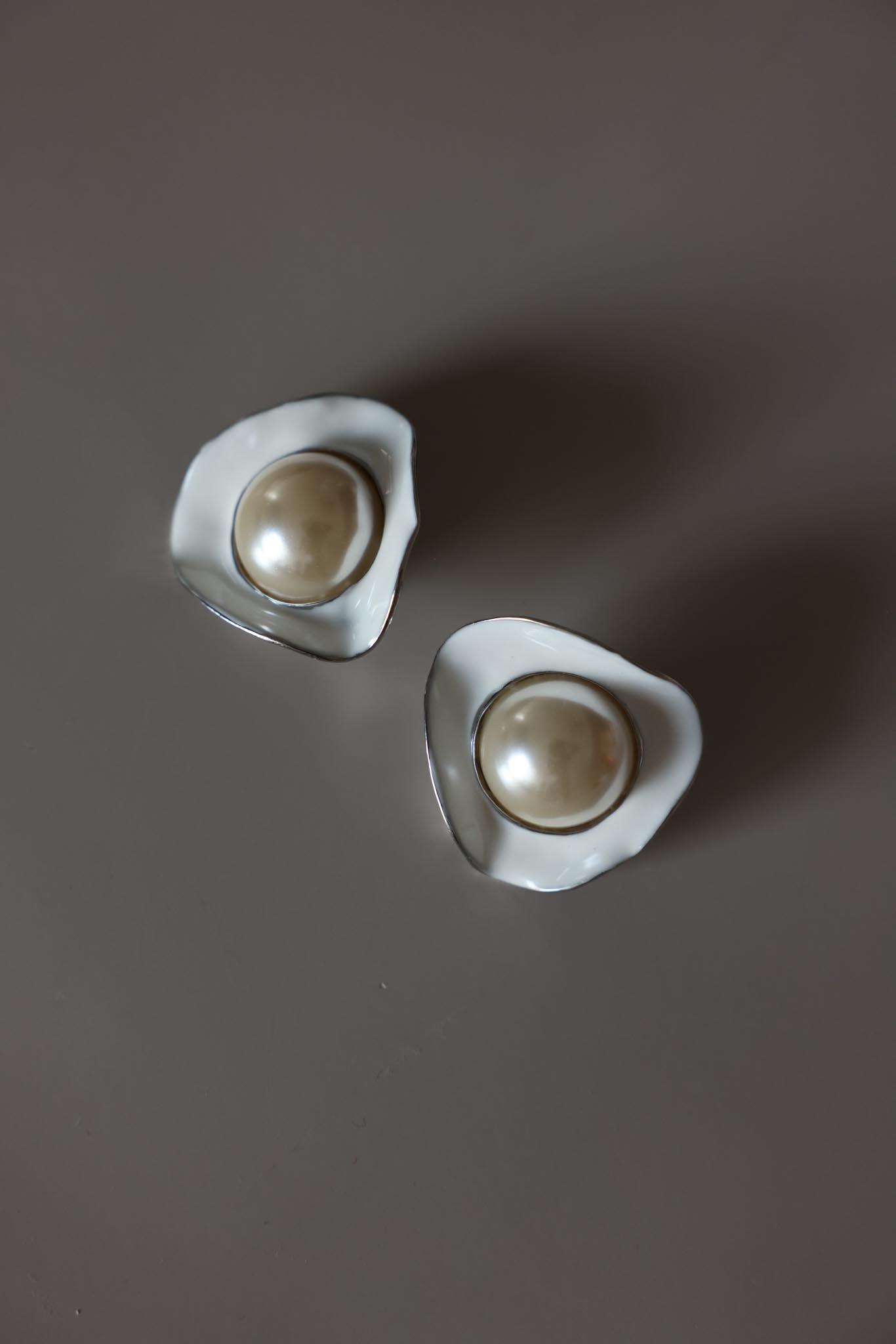 White Enamel Faux Pearl Earrings