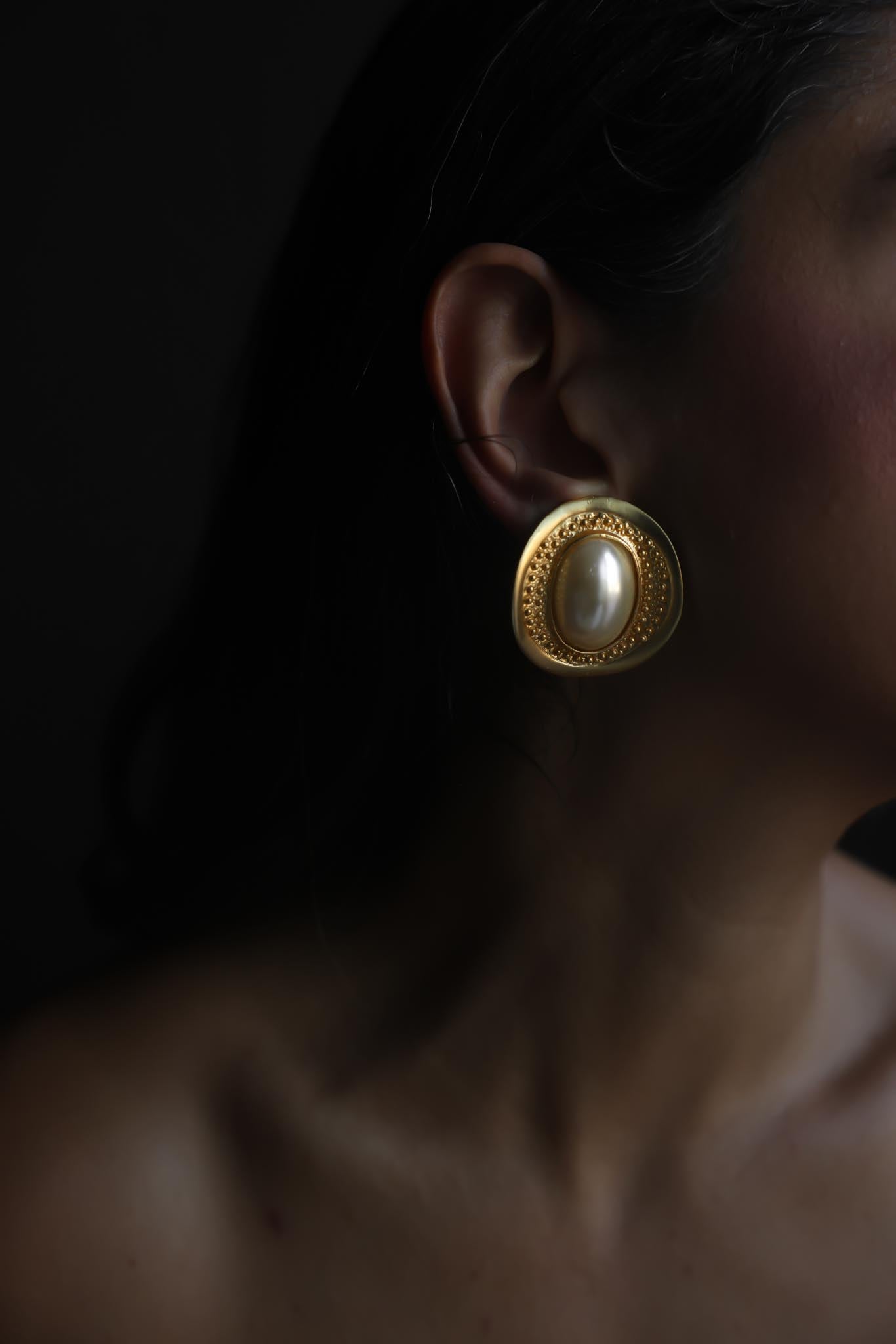 Chunky Gold Tone Faux Pearl Clip-On Earrings