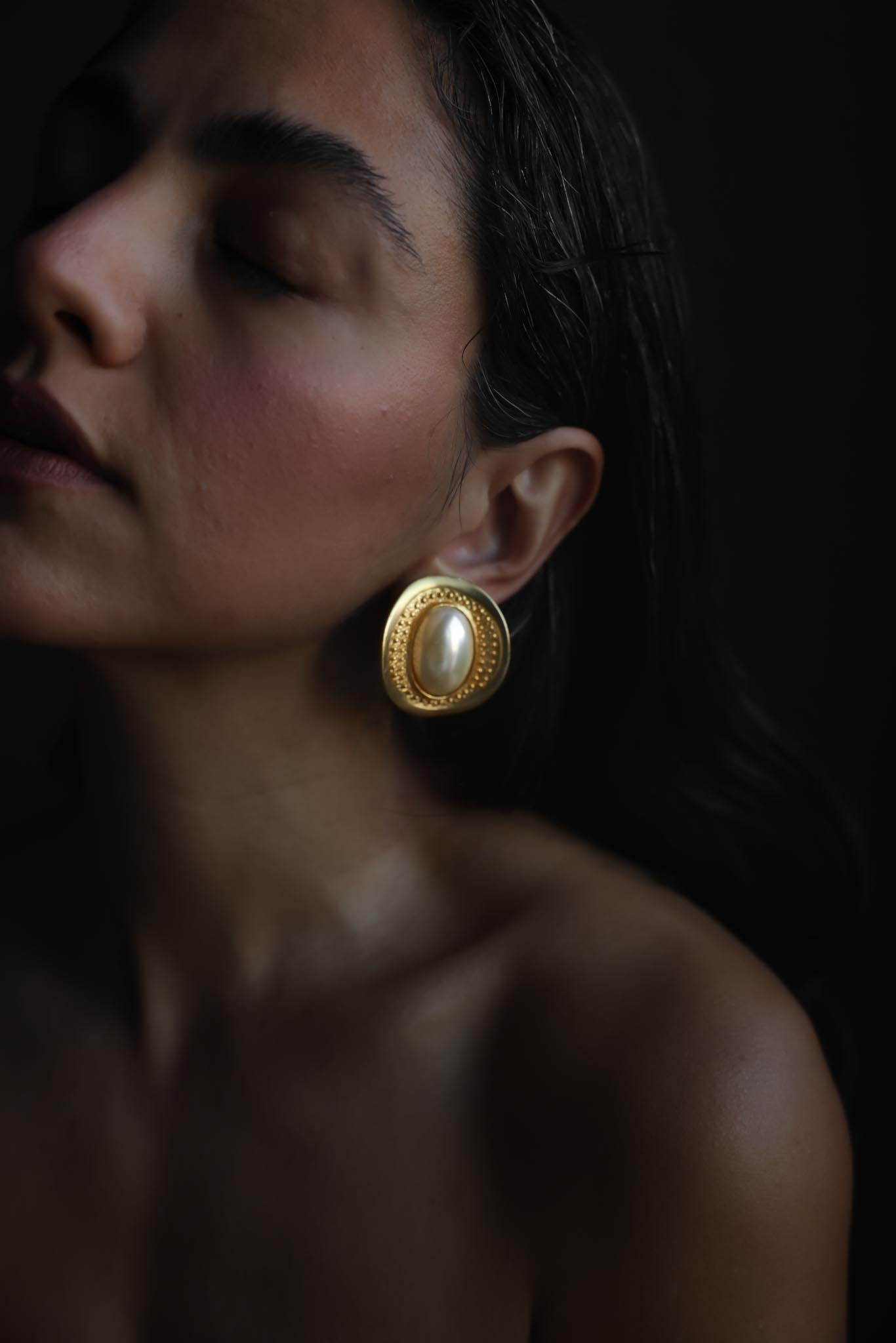 Chunky Gold Tone Faux Pearl Clip-On Earrings