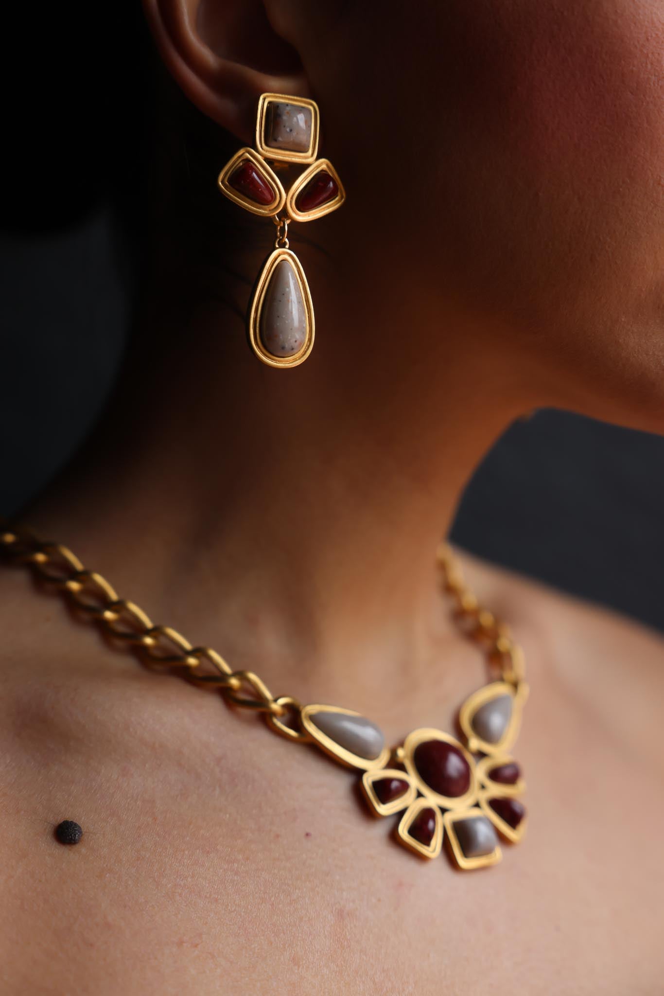 Gold-Toned Statement Necklace and Clip-On Earring Set (Avon)|Vintage Baazaar 