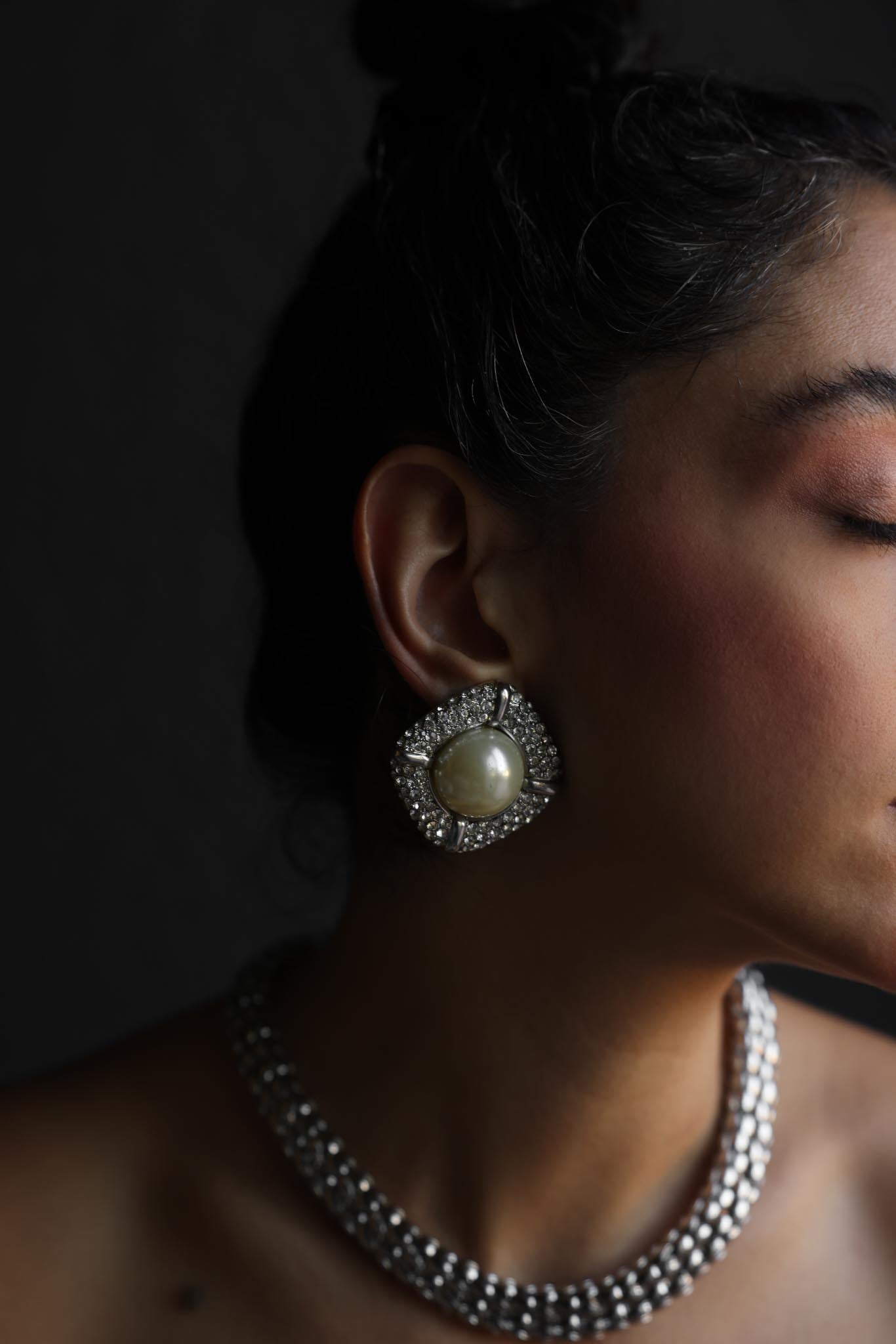 Pearl & Rhinestone Statement Clip-On Earrings