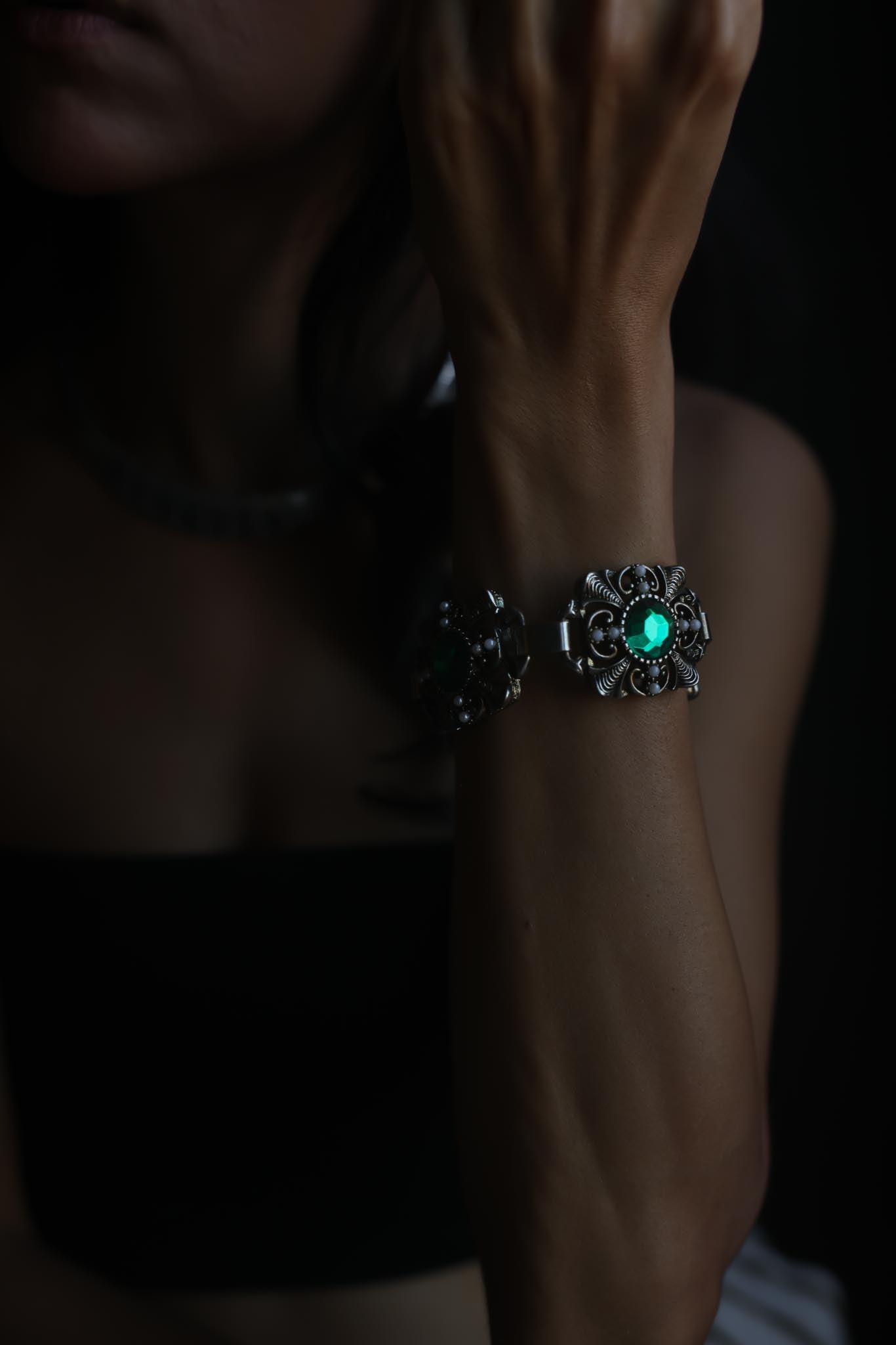 Silvertone Filigree Bracelet with Green Cabochons & Faux Pearls, 1950's