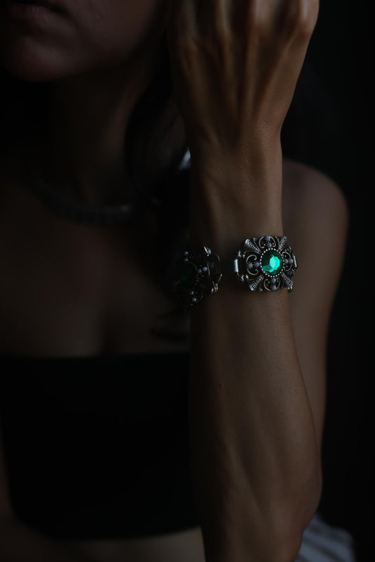Silvertone Filigree Bracelet with Green Cabochons & Faux Pearls, 1950's|Vintage Baazaar 