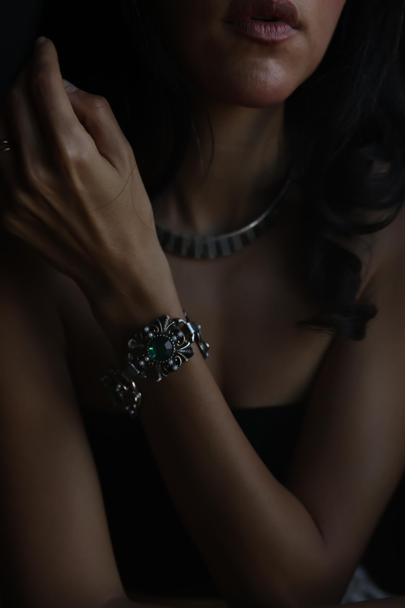 Silvertone Filigree Bracelet with Green Cabochons & Faux Pearls, 1950's