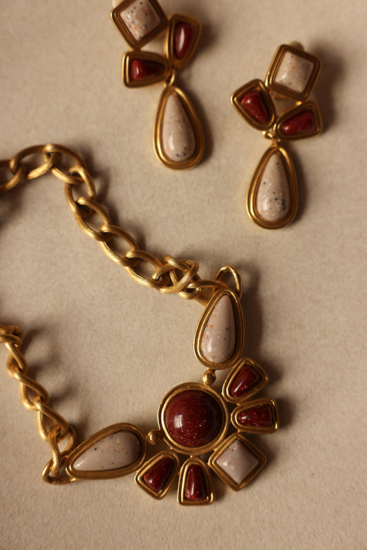 Gold-Toned Statement Necklace and Clip-On Earring Set (Avon)|Vintage Baazaar 