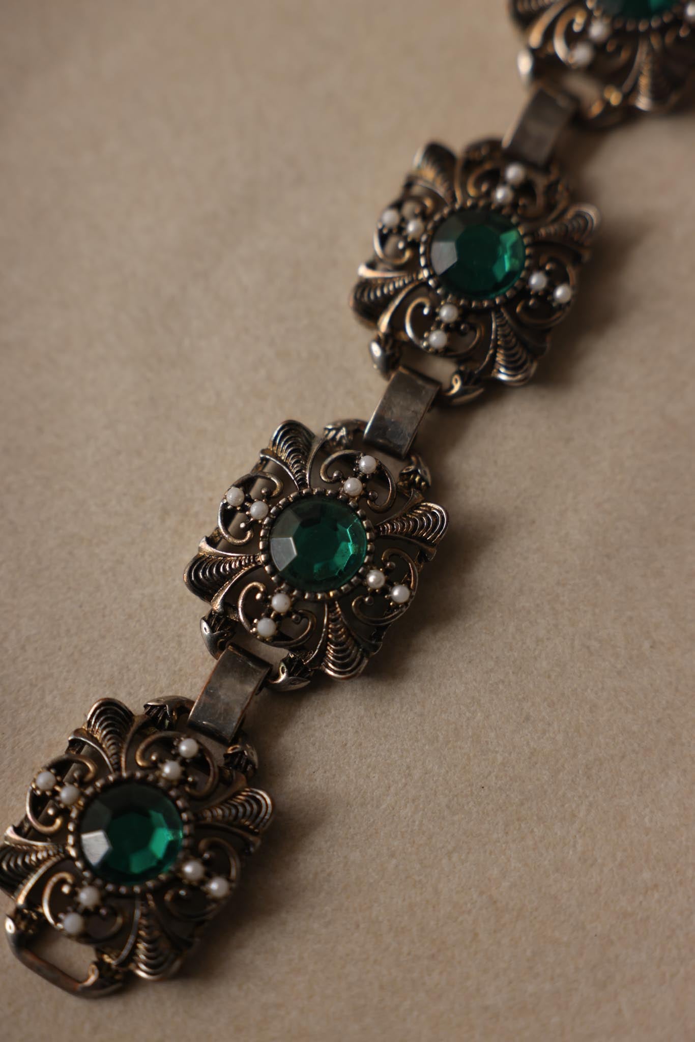 Silvertone Filigree Bracelet with Green Cabochons & Faux Pearls, 1950's
