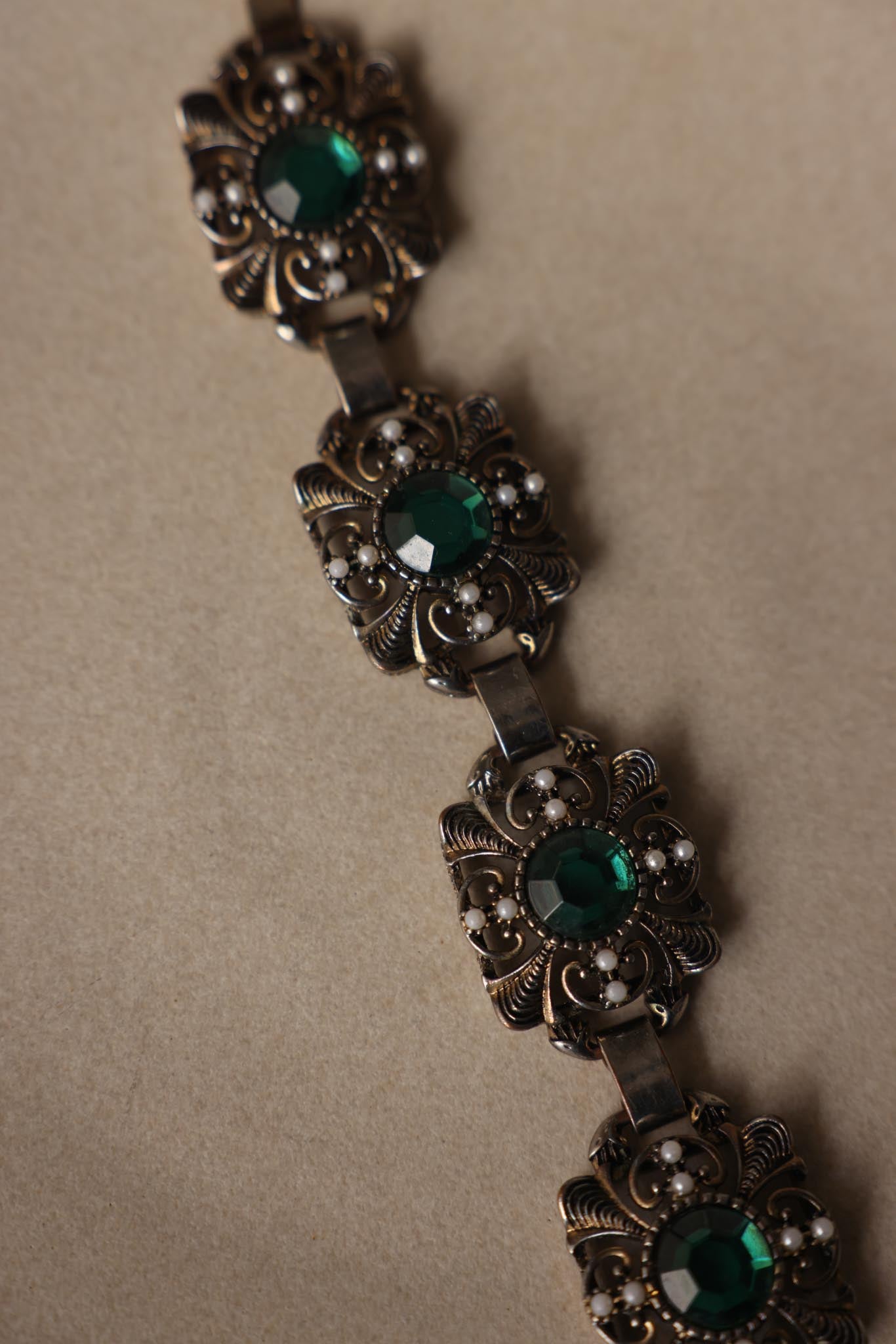 Silvertone Filigree Bracelet with Green Cabochons & Faux Pearls, 1950's