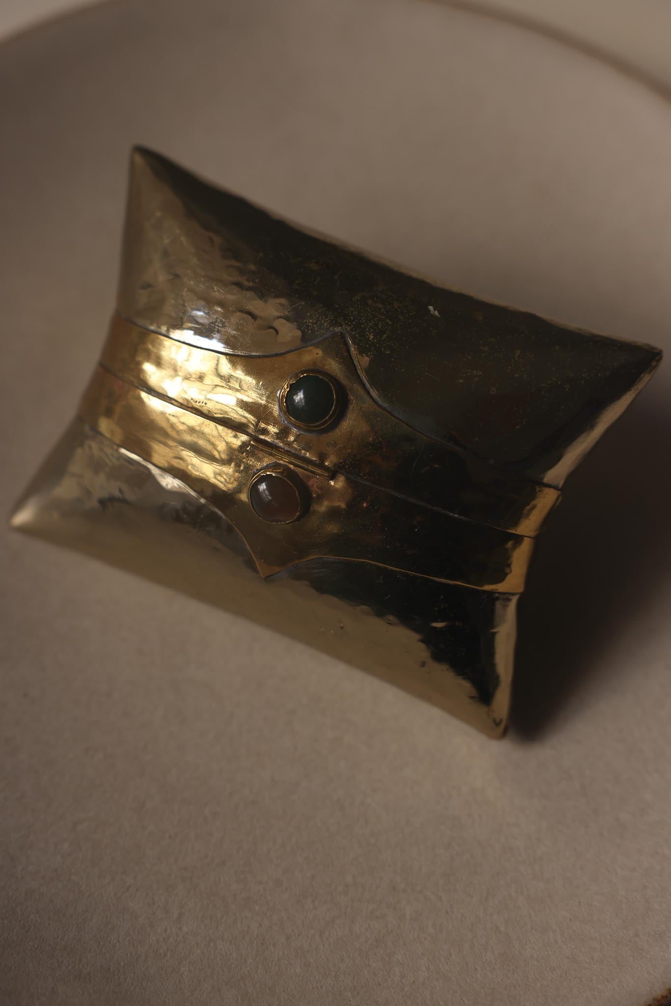 1970s Hammered Brass Gemstone Mini Minaudière Evening Clutch
