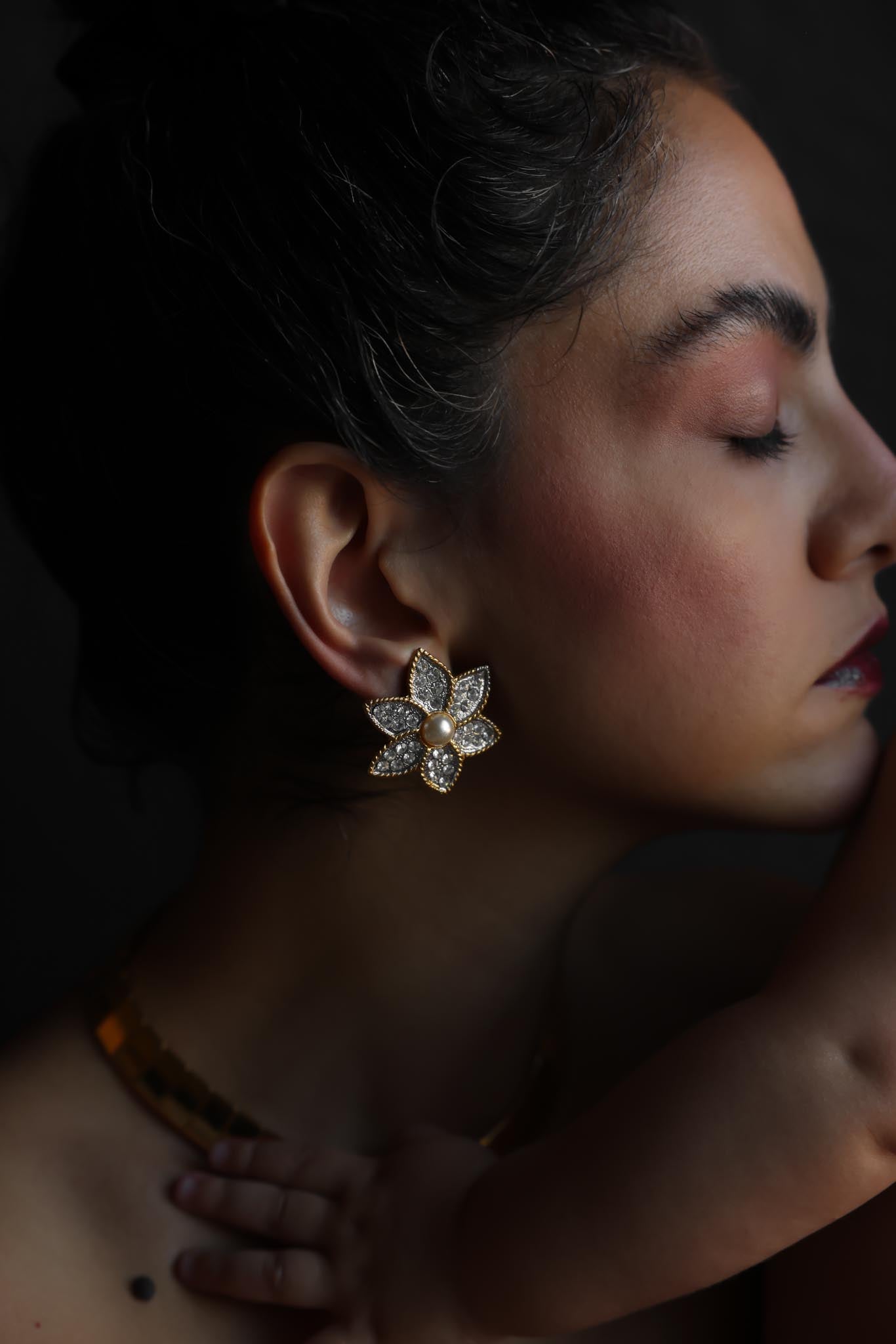 Crystal Flower Faux Pearl Clip-On Earrings