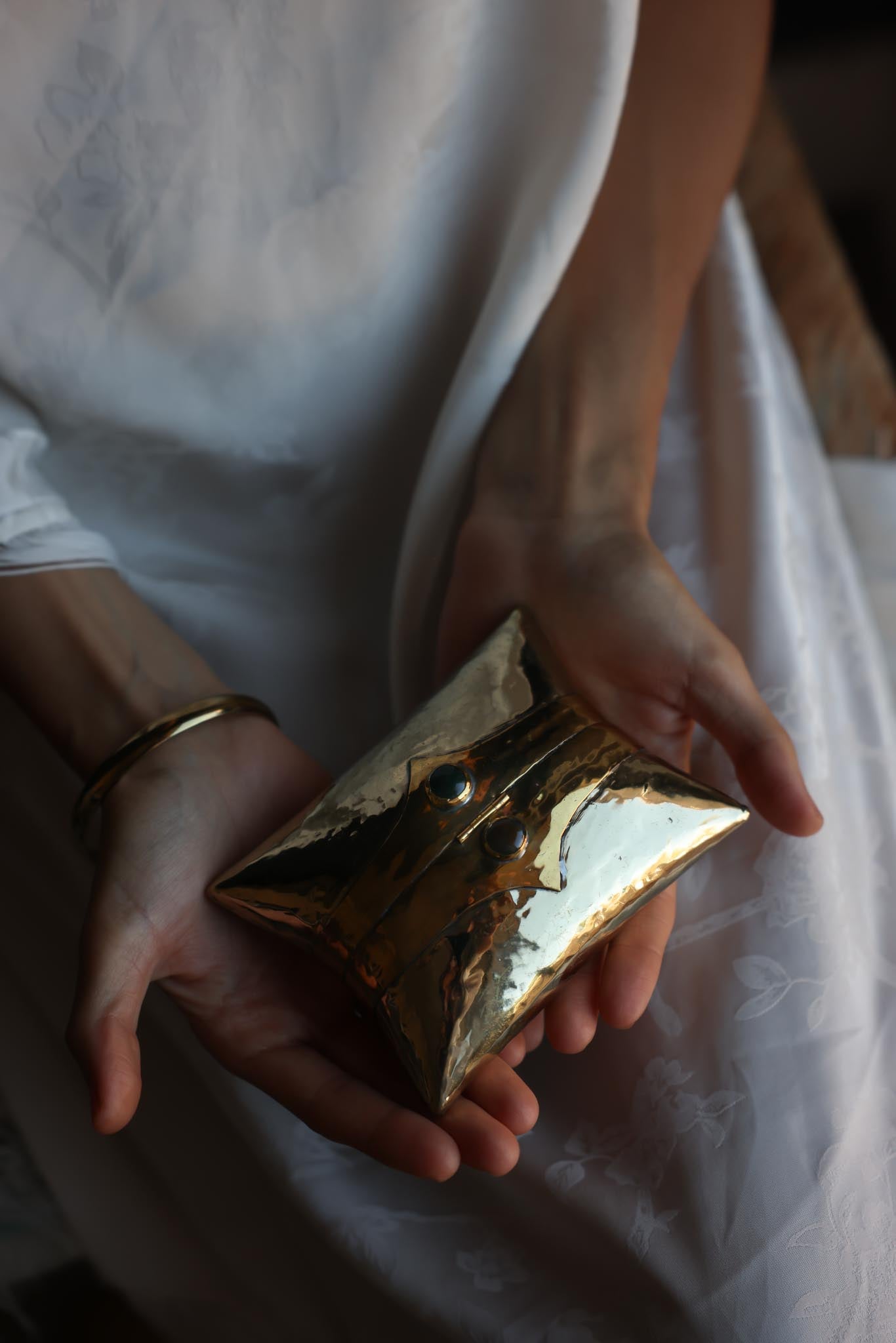 1970s Hammered Brass Gemstone Mini Minaudière Evening Clutch