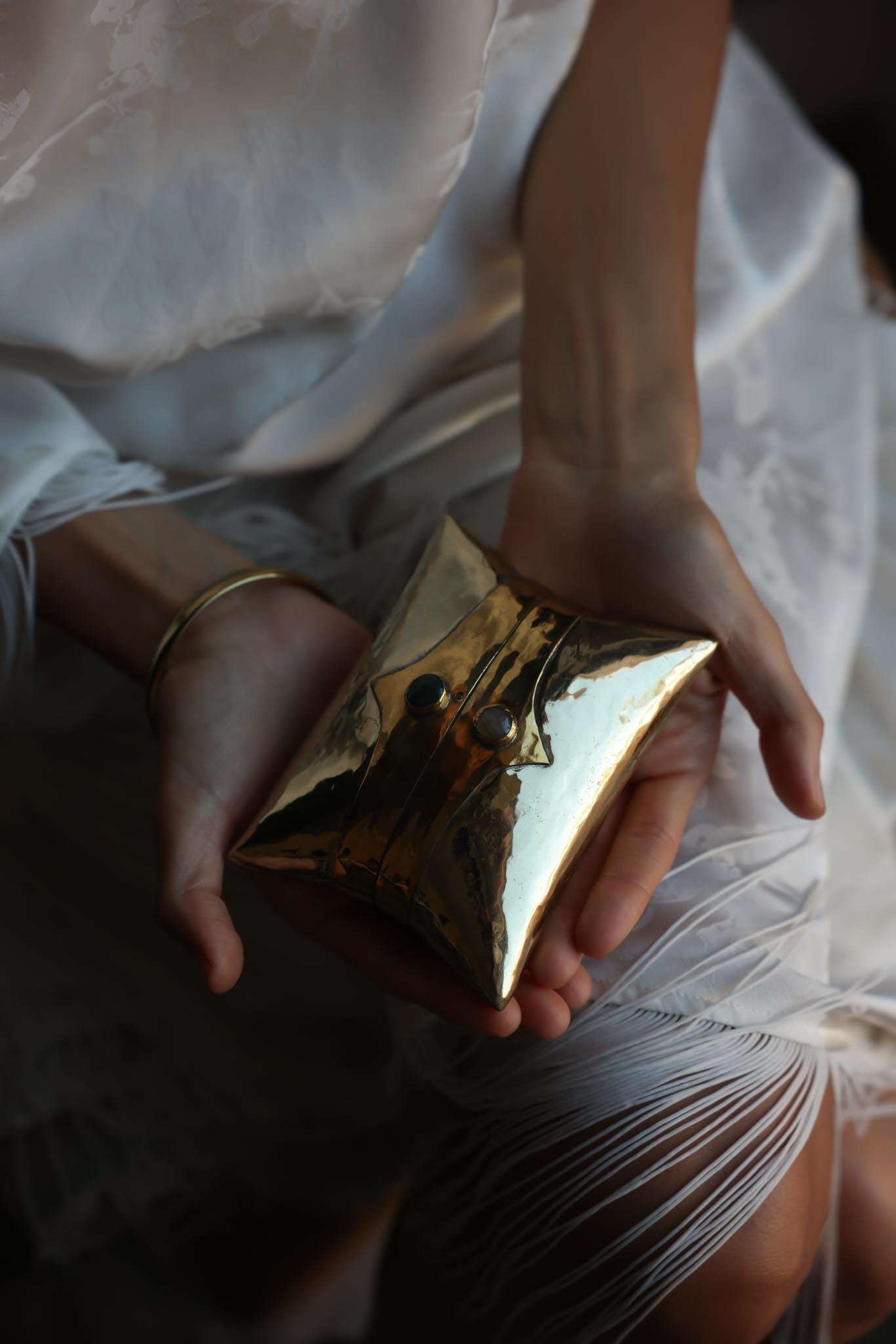 1970s Hammered Brass Gemstone Mini Minaudière Evening Clutch