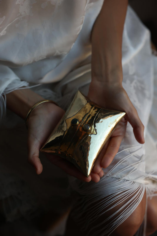 1970s Hammered Brass Gemstone Mini Minaudière Evening Clutch