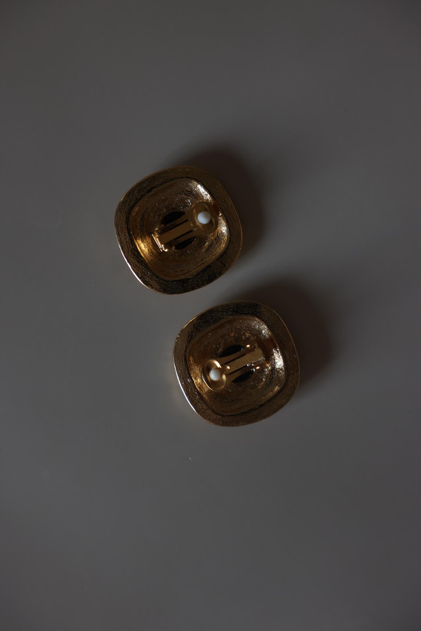 Gold Tone Brown Enamel Statement Clip-On Earrings