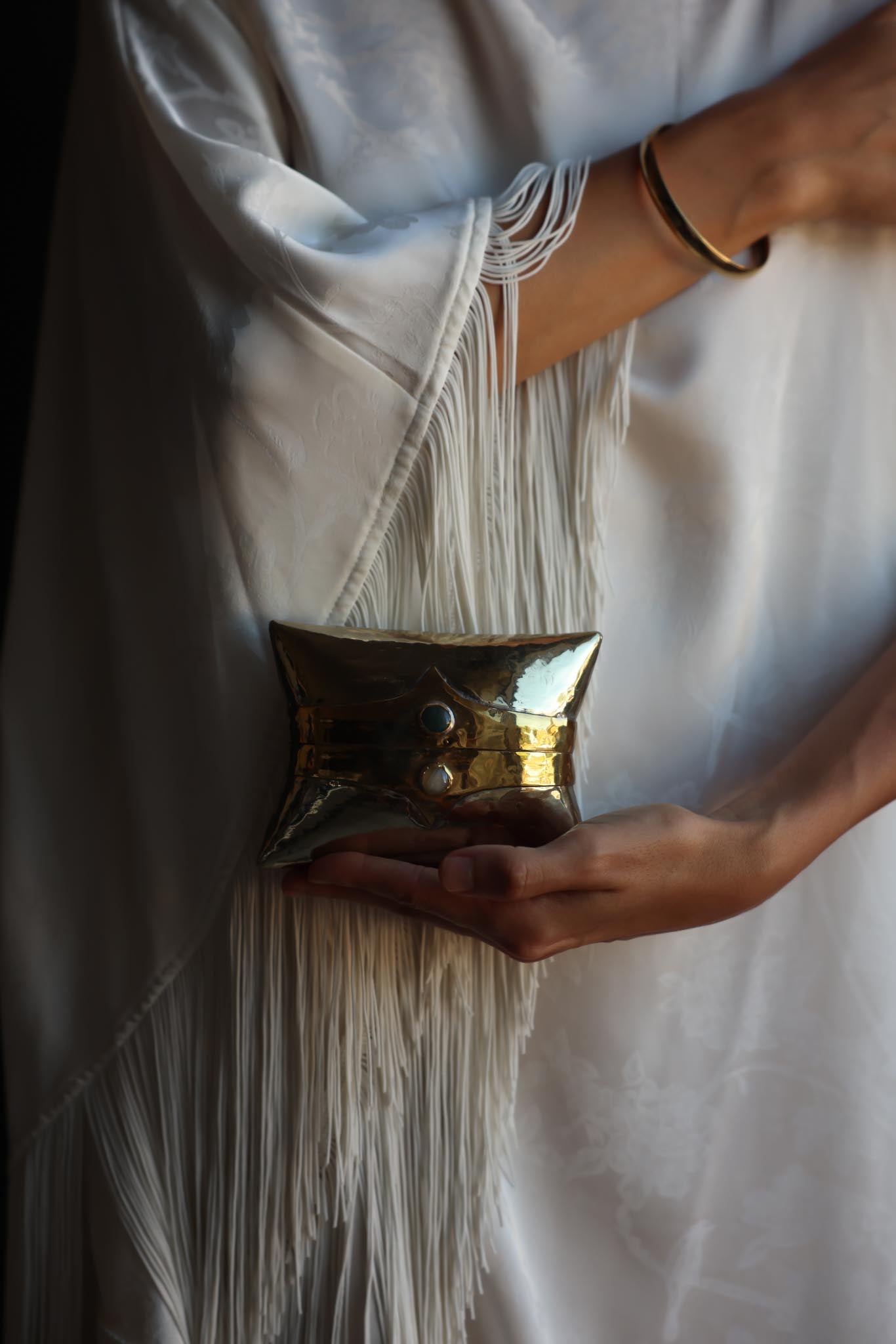 1970s Hammered Brass Gemstone Mini Minaudière Evening Clutch
