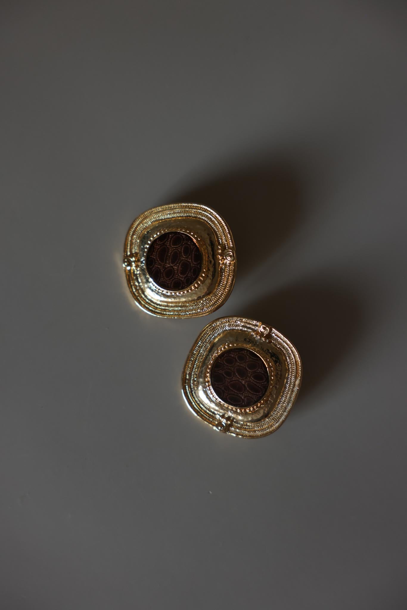 Gold Tone Brown Enamel Statement Clip-On Earrings