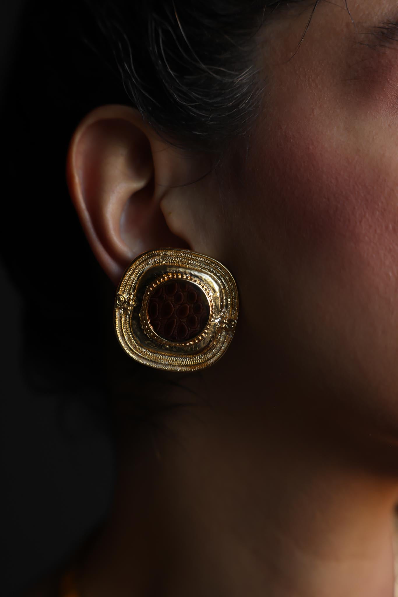 Gold Tone Brown Enamel Statement Clip-On Earrings