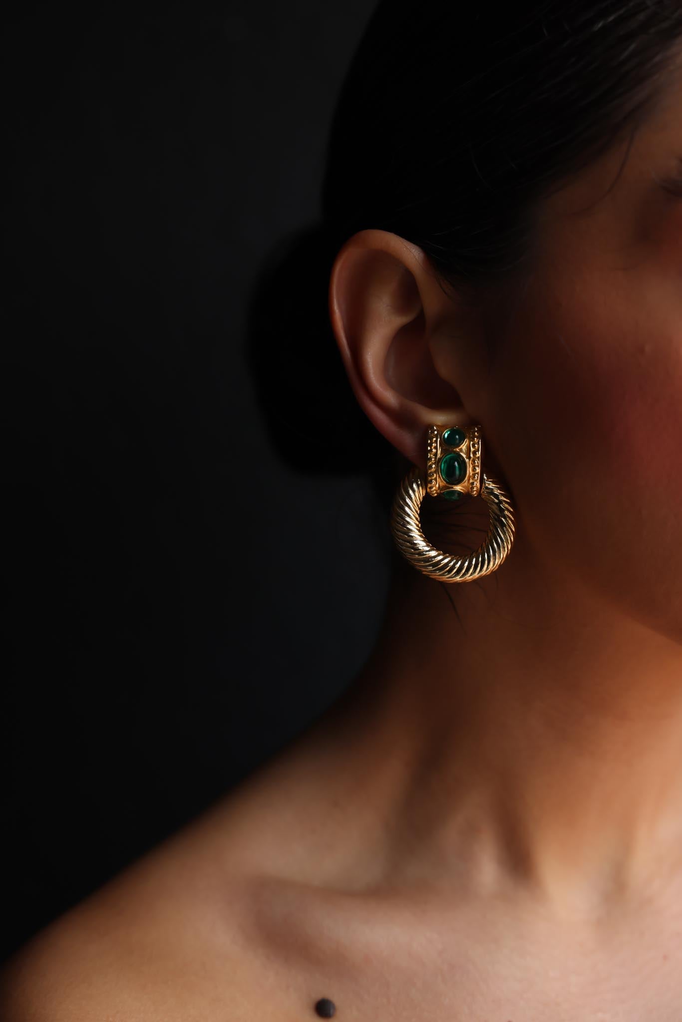 Emerald Cabochon Hoop Clip-On Earrings|Vintage Baazaar 