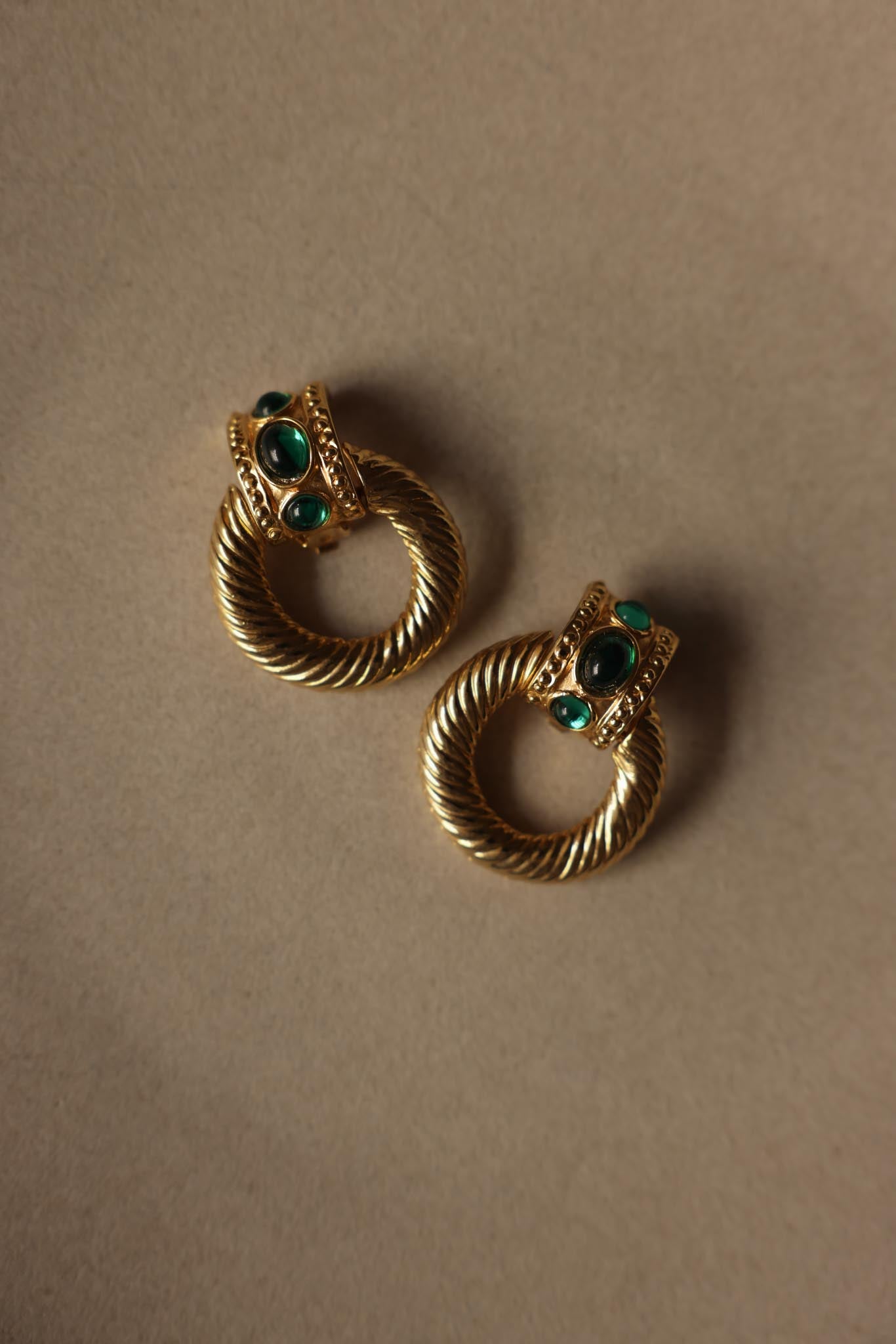 Emerald Cabochon Hoop Clip-On Earrings|Vintage Baazaar 