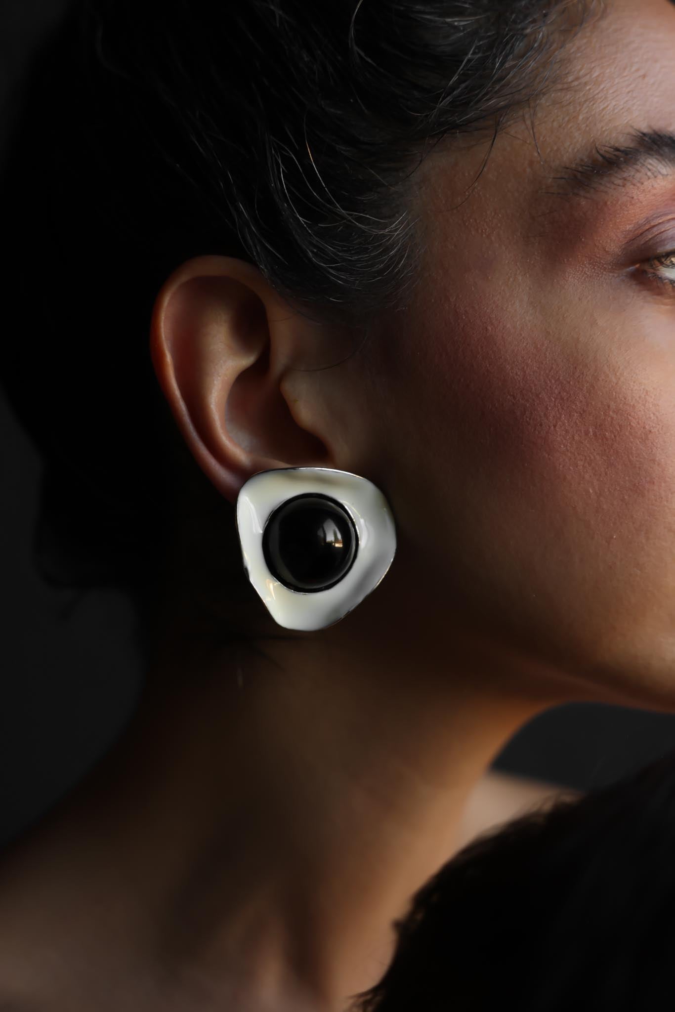 White Enamel Black Cabochon Clip-On Earrings