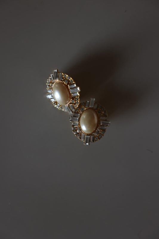 Faux Pearl Rhinestone Oval Clip-On Earrings