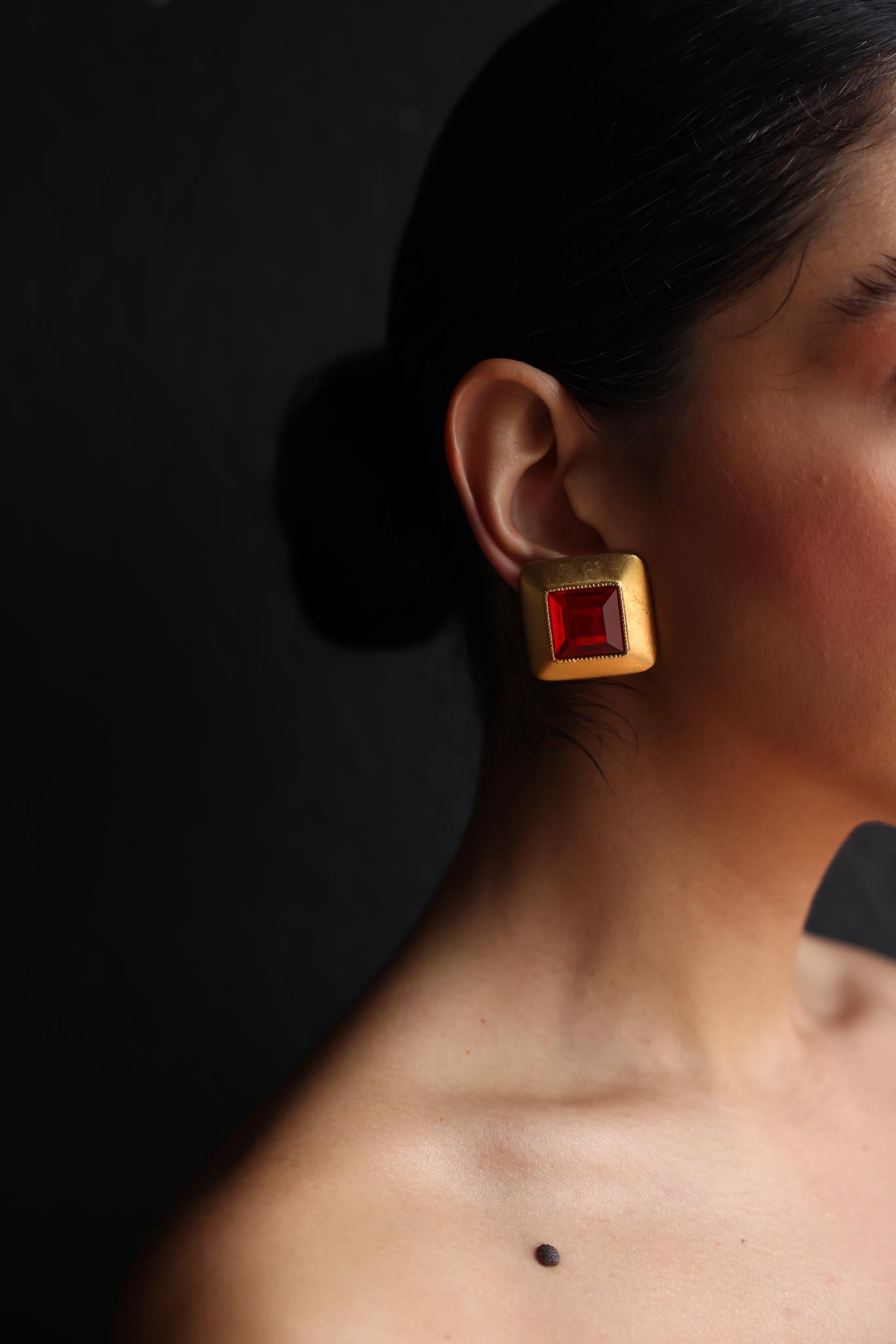 Brushed Gold and Red Square Clip-On Earrings|Vintage Baazaar 