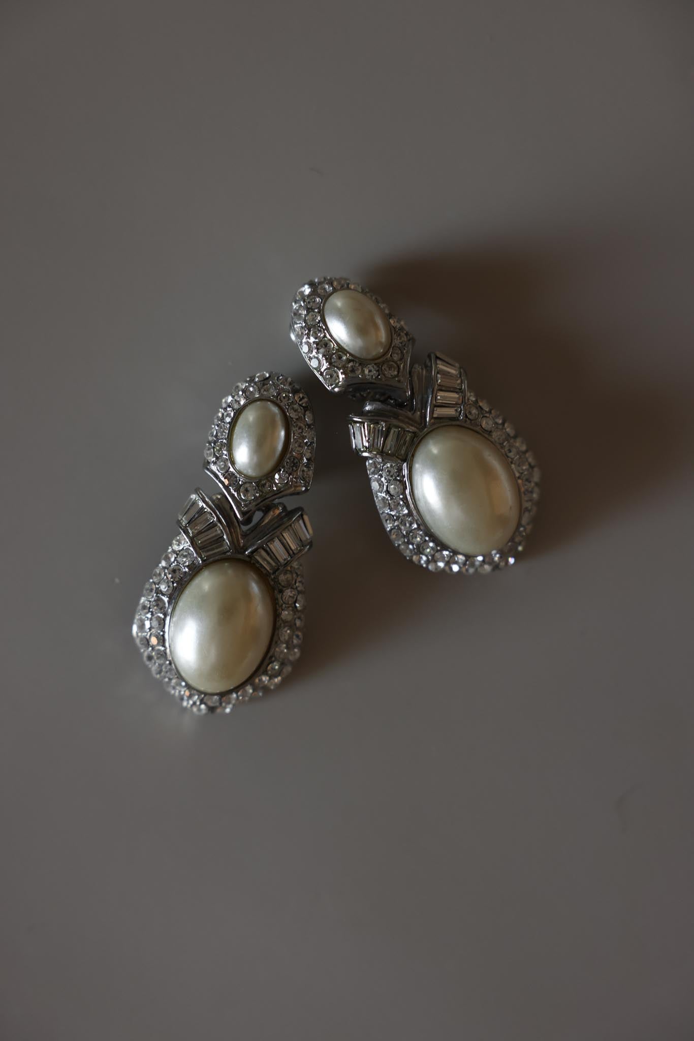 Silver Tone Faux Pearl Rhinestone Statement Clip-On Earrings
