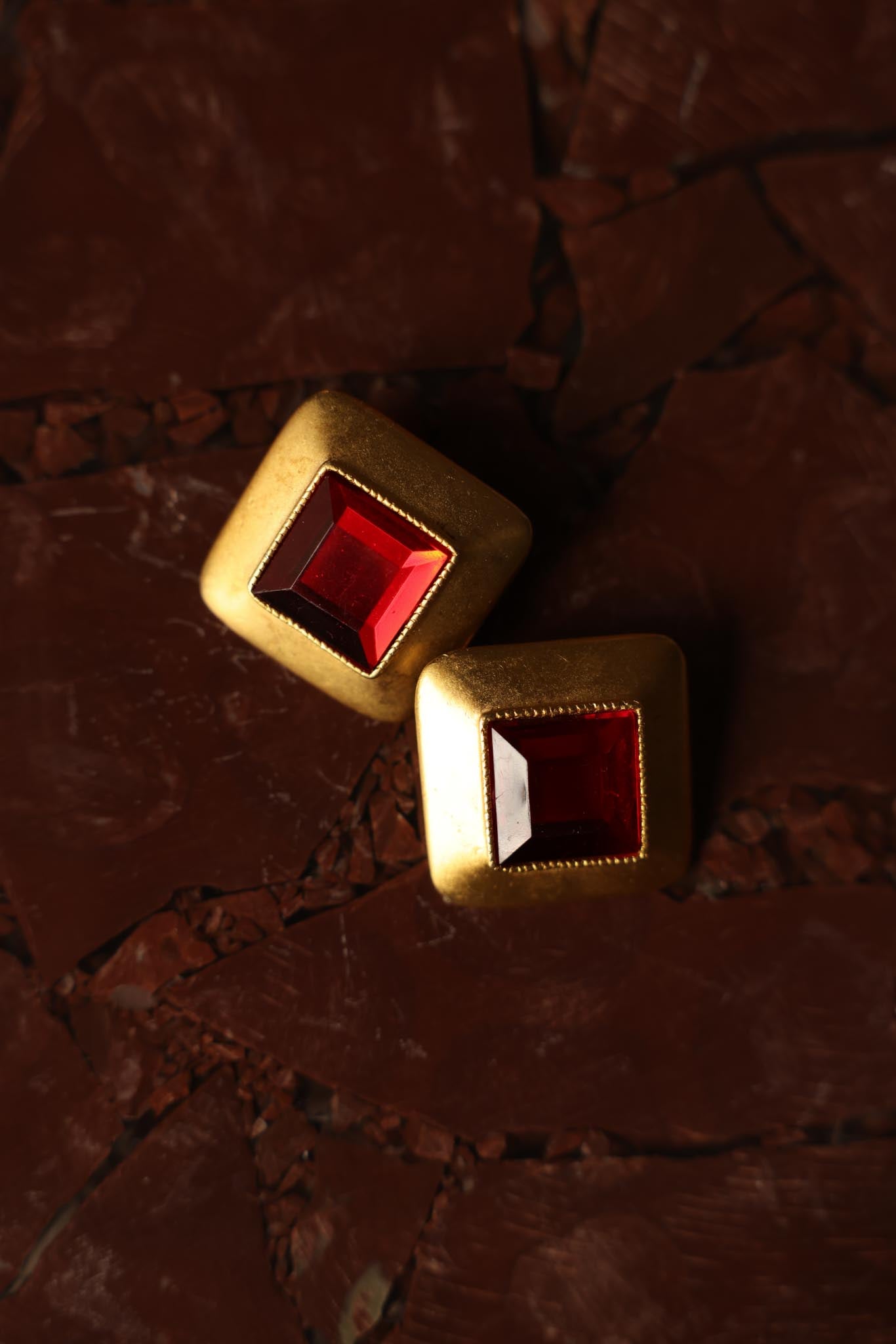 Brushed Gold and Red Square Clip-On Earrings|Vintage Baazaar 