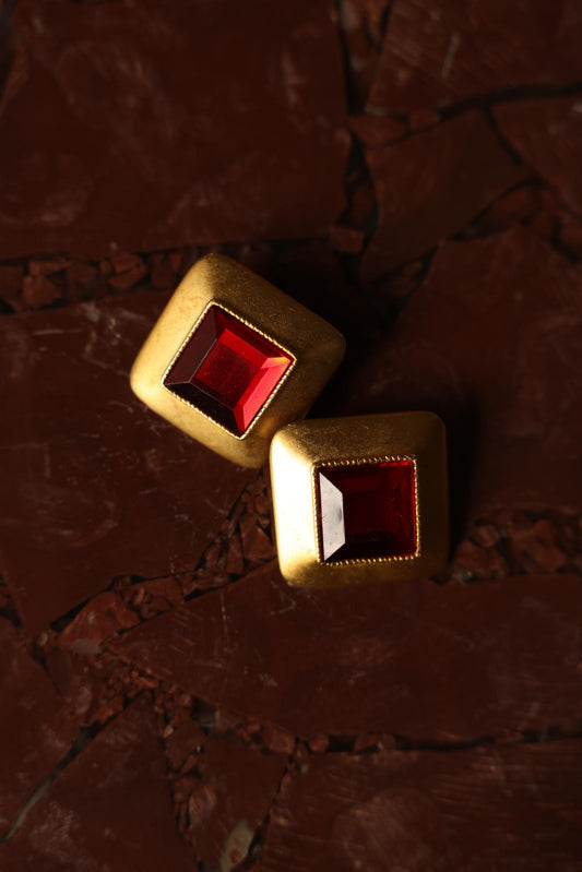 Brushed Gold and Red Square Clip-On Earrings|Vintage Baazaar 