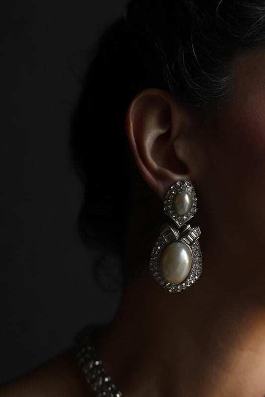 Silver Tone Faux Pearl Rhinestone Statement Clip-On Earrings