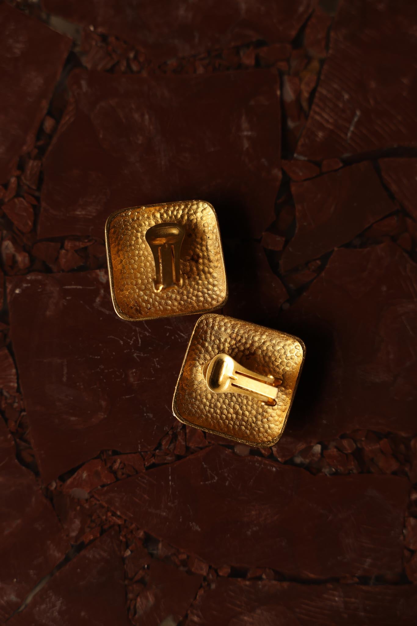 Brushed Gold and Red Square Clip-On Earrings|Vintage Baazaar 