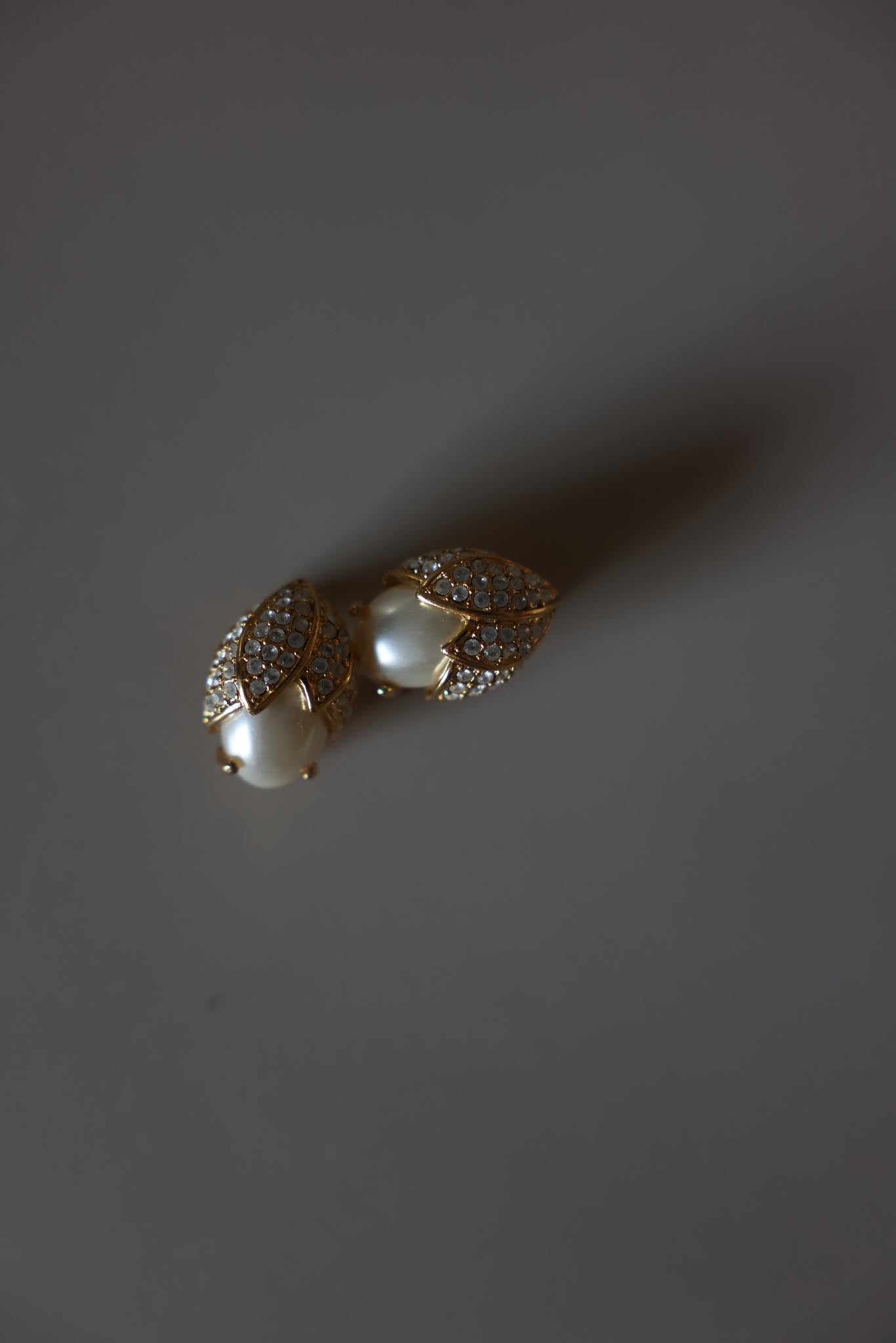 Gold Tone Faux Pearl Rhinestone Clip-On Earrings