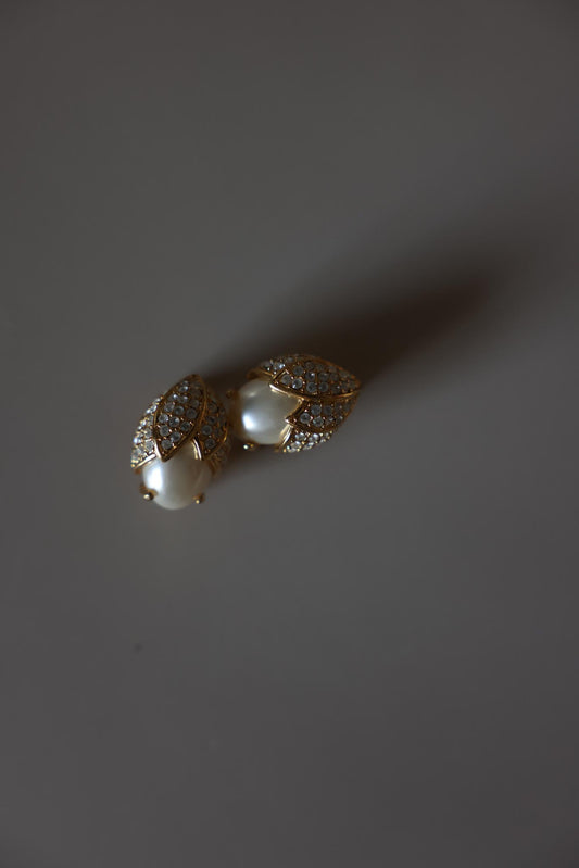 Gold Tone Faux Pearl Rhinestone Clip-On Earrings