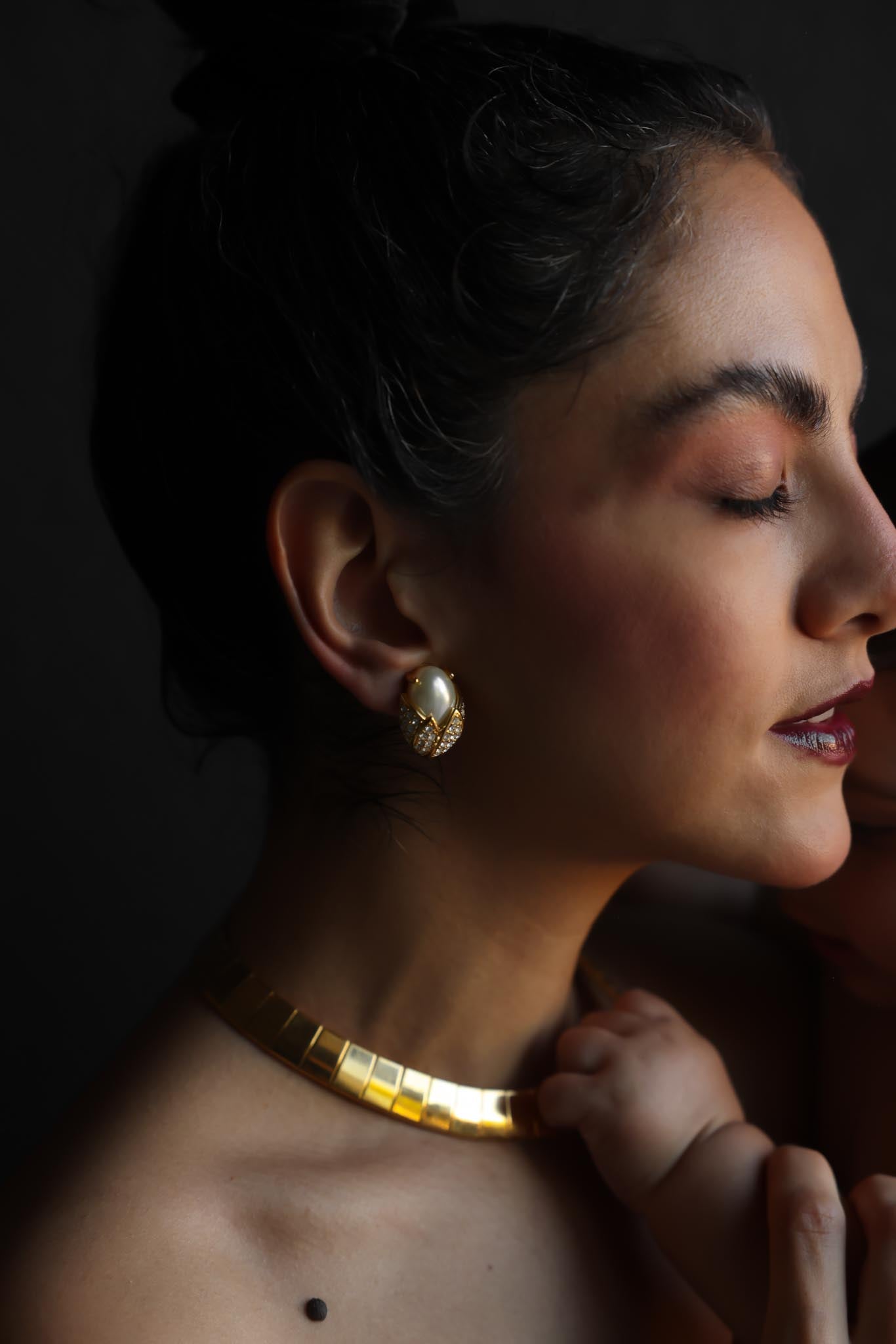 Gold Tone Faux Pearl Rhinestone Clip-On Earrings
