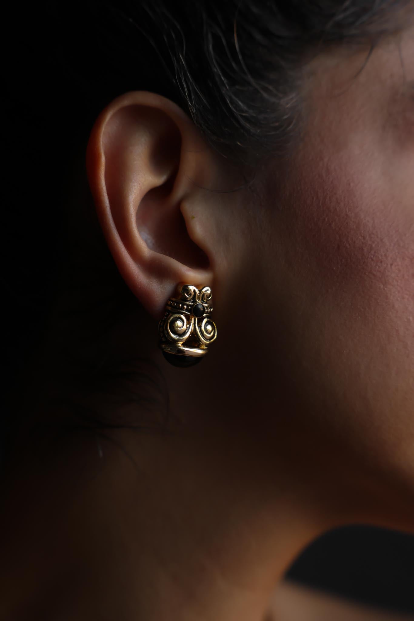 Gold Tone Black Cabochon Scroll Clip-On Earrings