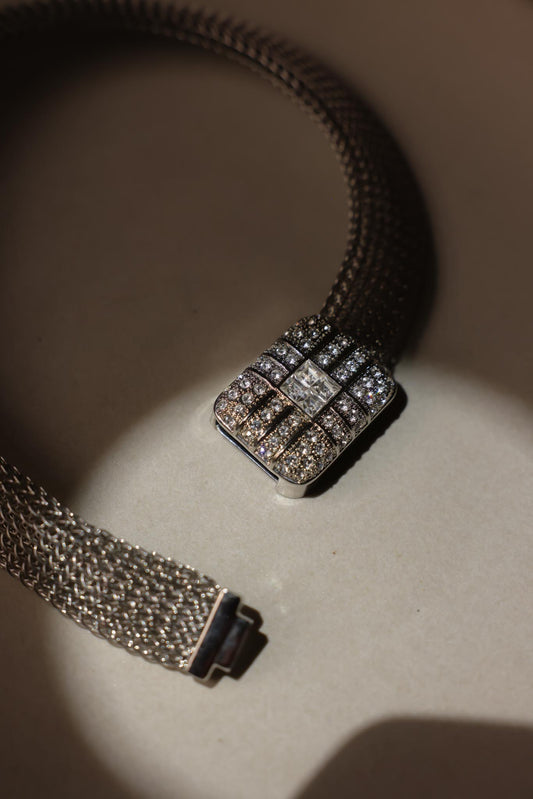 Silver-Tone Mesh Necklace with Rhinestone Centerpiece