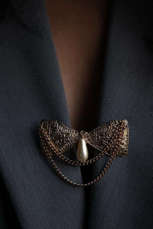 Filigree Bow Brooch with Pearl and Chains|Vintage Baazaar 