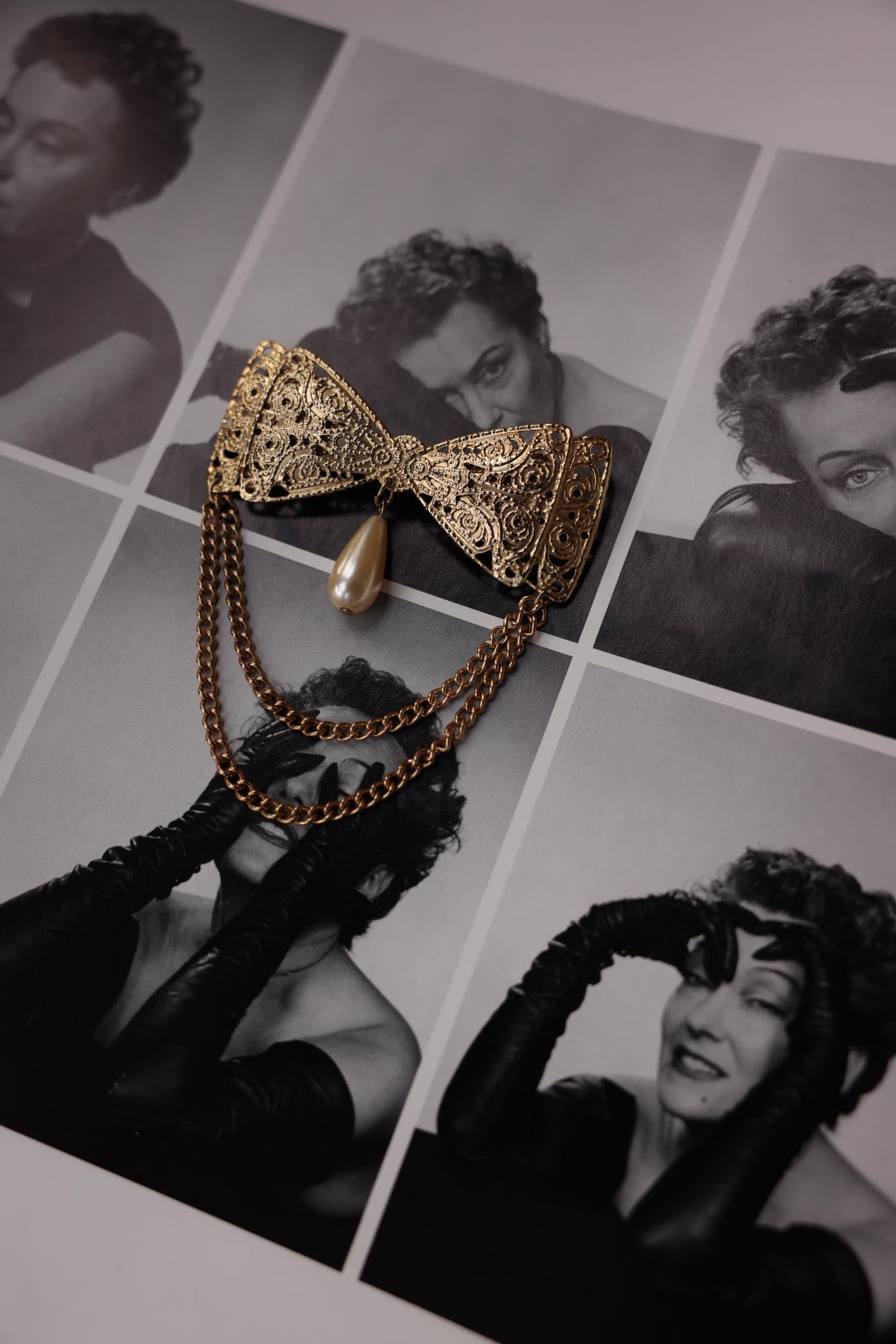 Filigree Bow Brooch with Pearl and Chains|Vintage Baazaar 
