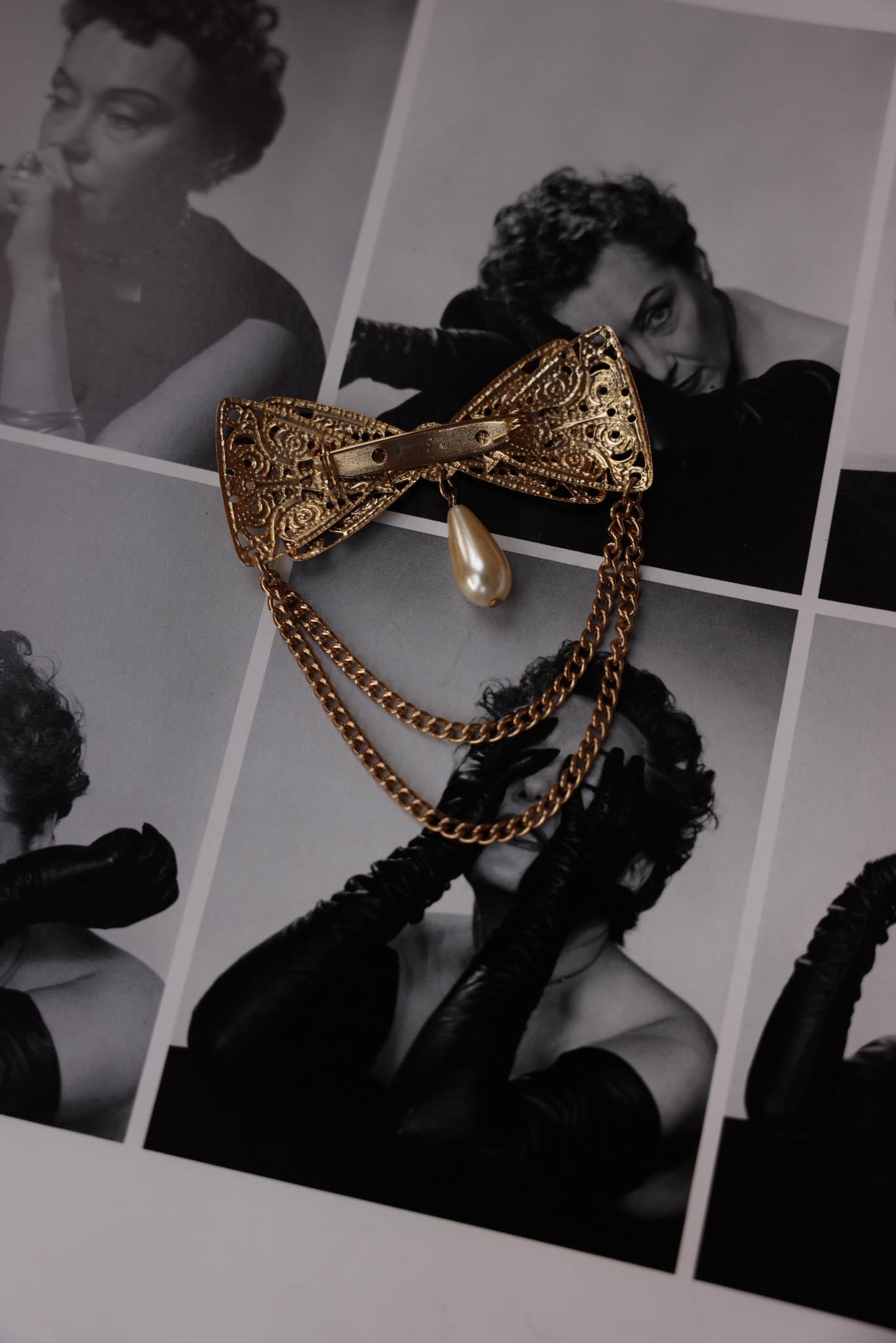 Filigree Bow Brooch with Pearl and Chains|Vintage Baazaar 