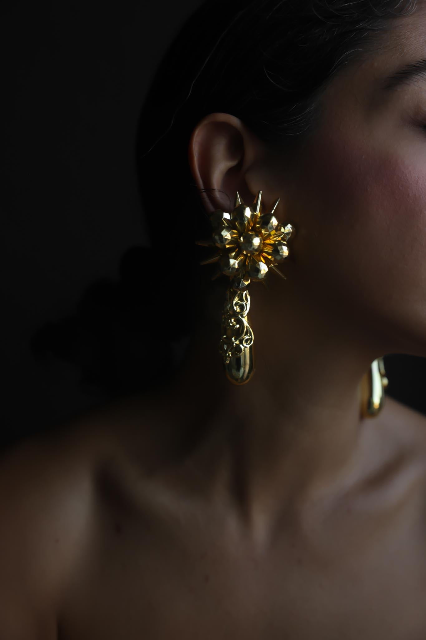 Gold Tone Floral Statement Drop Clip-On Earrings